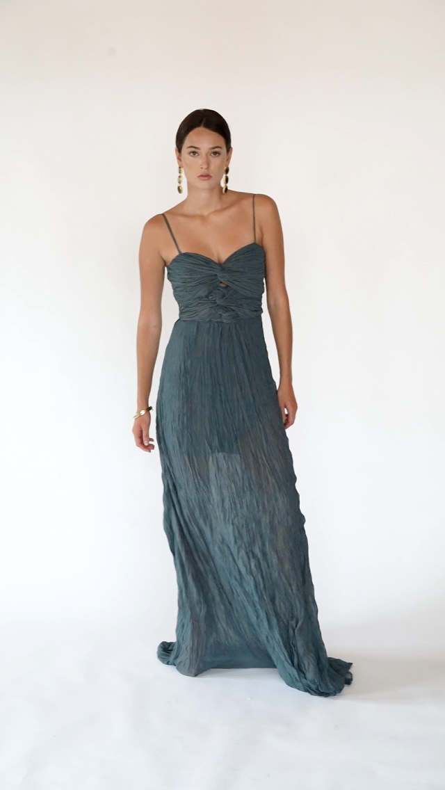 Silk Crepe Chiffon Maxi Dress with Ruched Bodice – Teal, Video