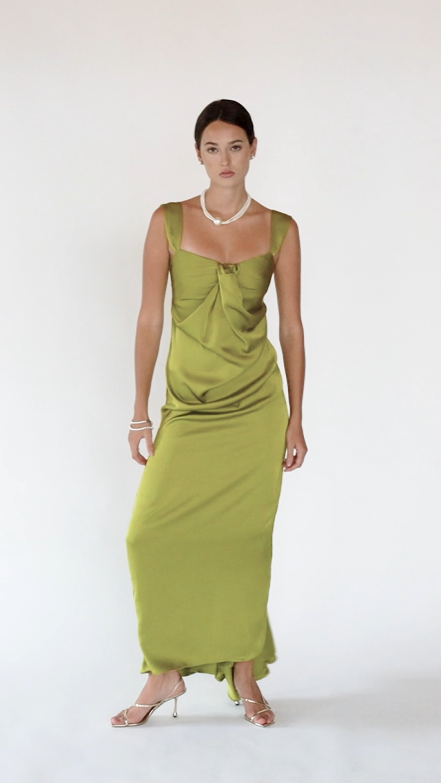 Silk Touch Satin Maxi Dress with Twisted Bodice – Chartreuse, Video