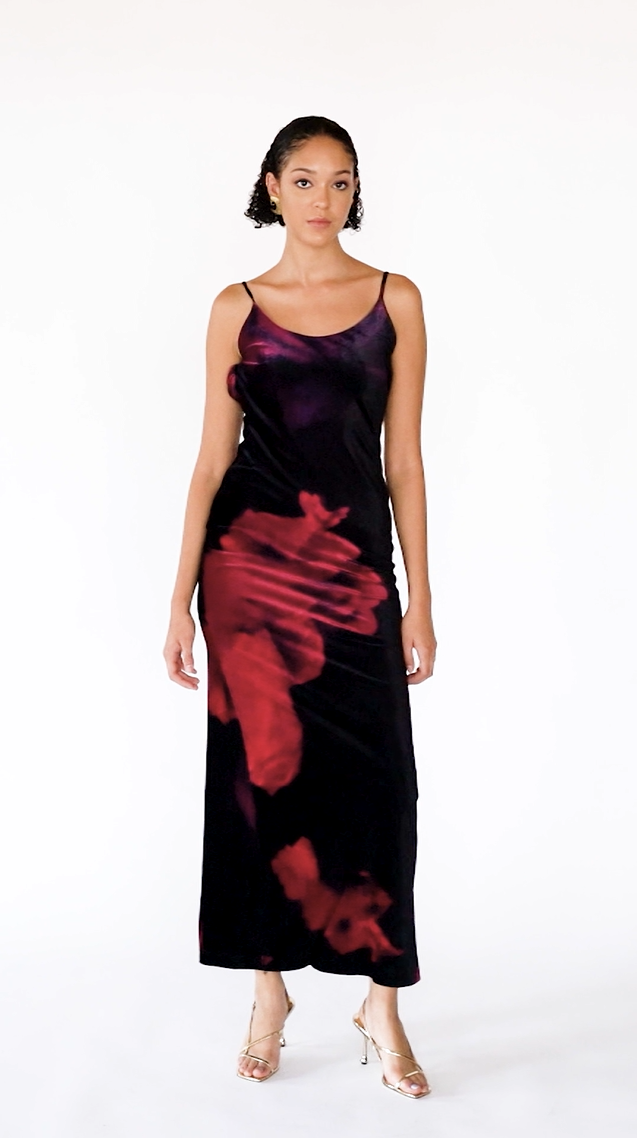 Silky Soft Velvet Floral Maxi Dress – Black and Red, Video