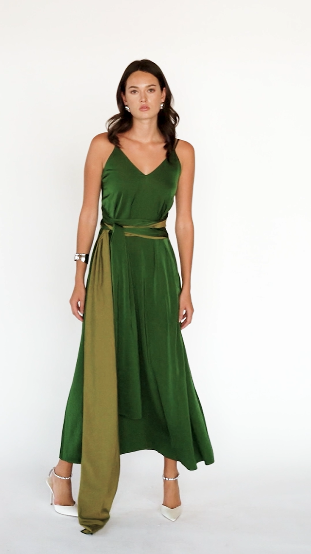Two-Tone Matte Satin Wrap Maxi Dress – Green and Olive, Video