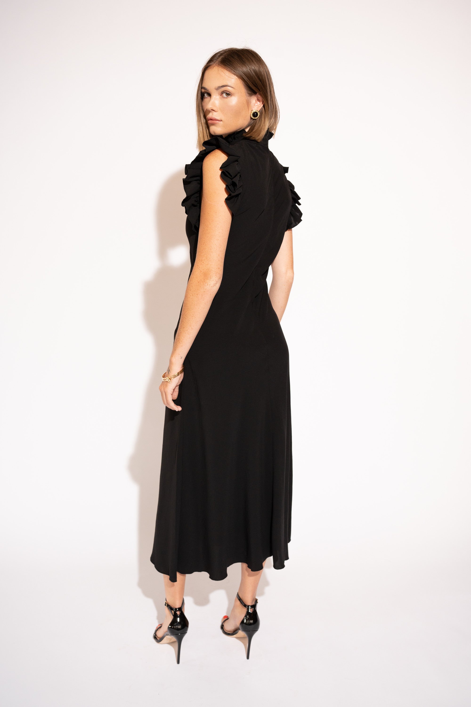 Back view of High-Neck Ruffle Sleeve Maxi Dress – Black