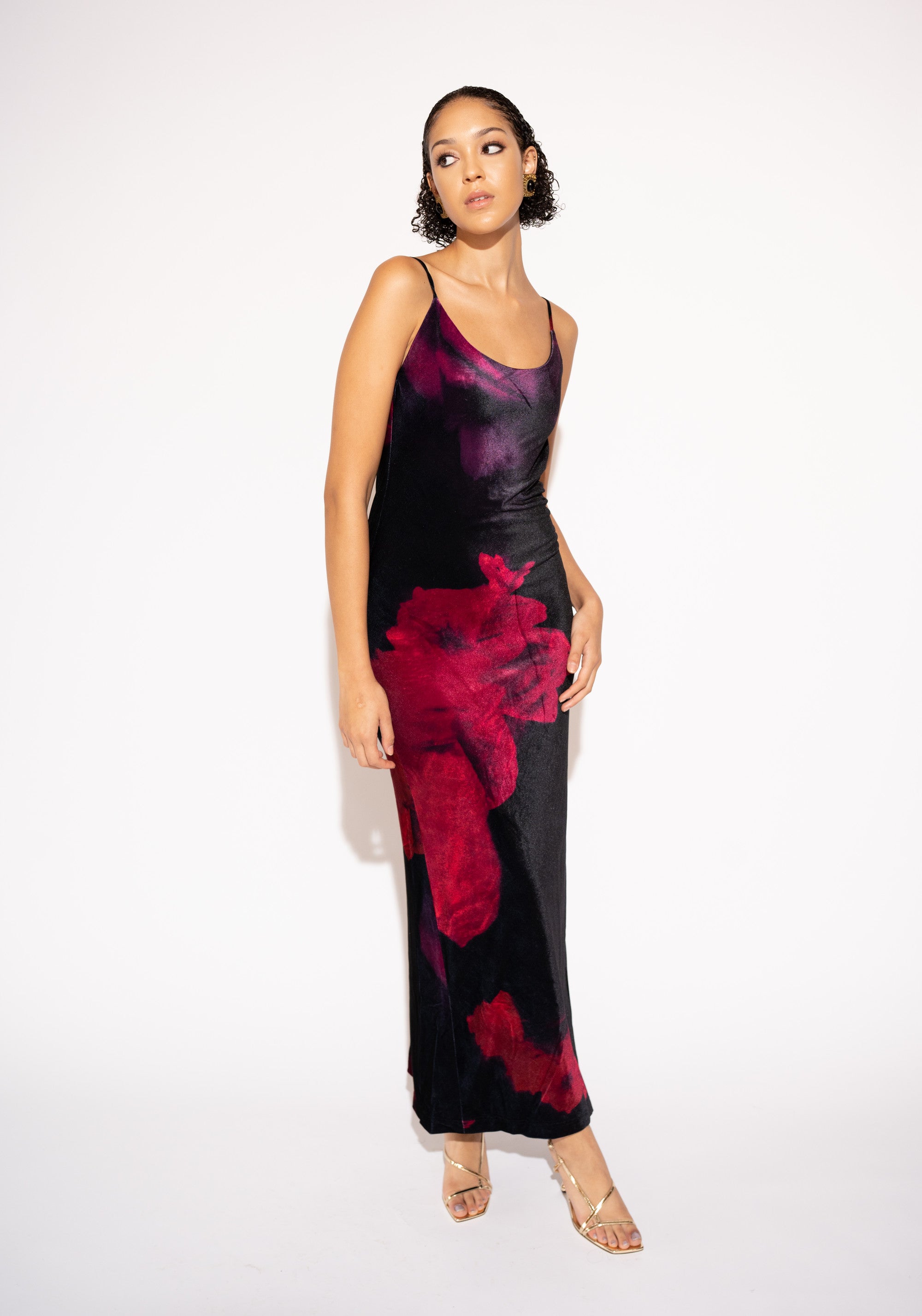Silky Soft Velvet Floral Maxi Dress – Black and Red, Front View 3