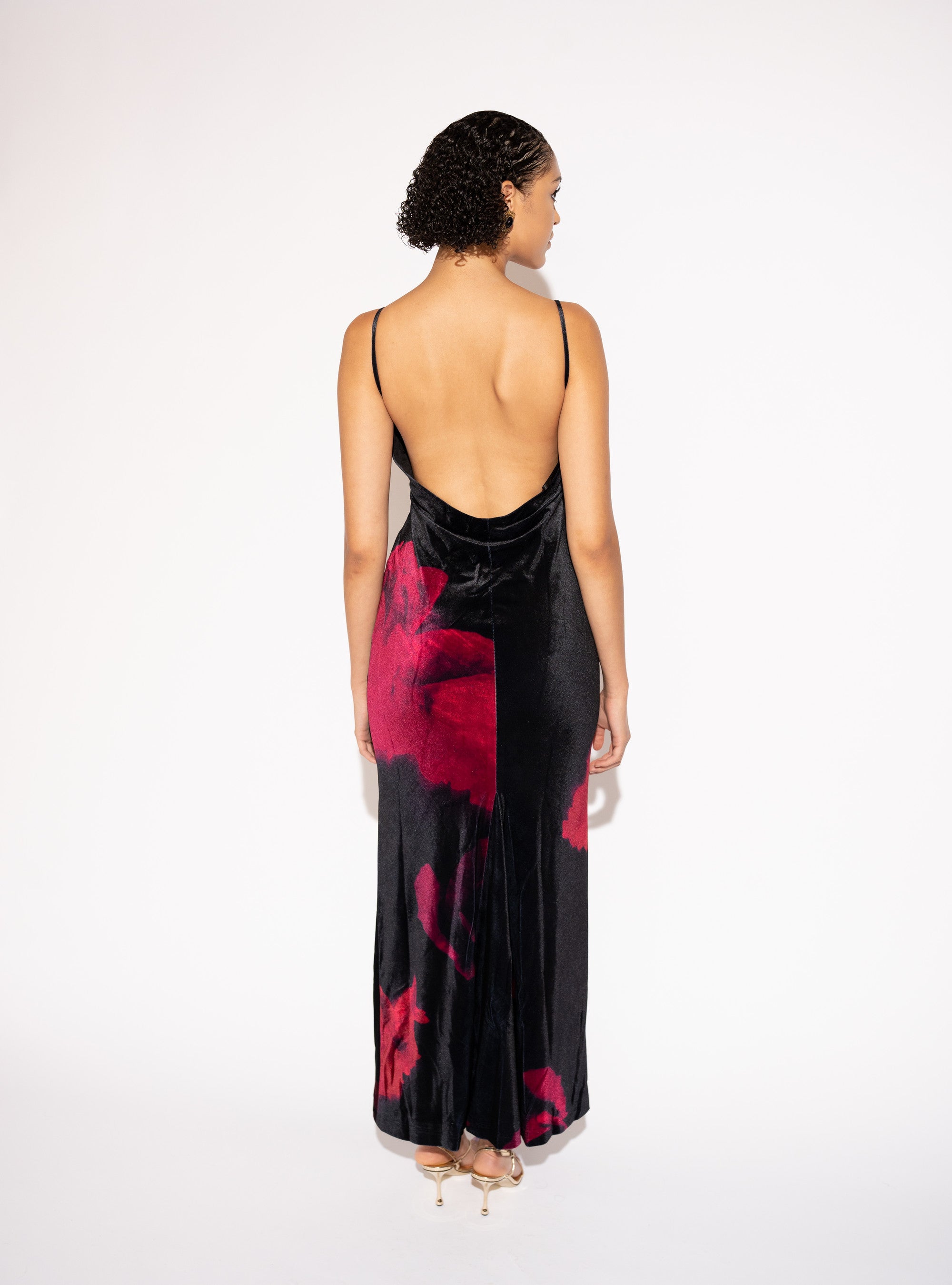 Silky Soft Velvet Floral Maxi Dress – Black and Red, Back View 2