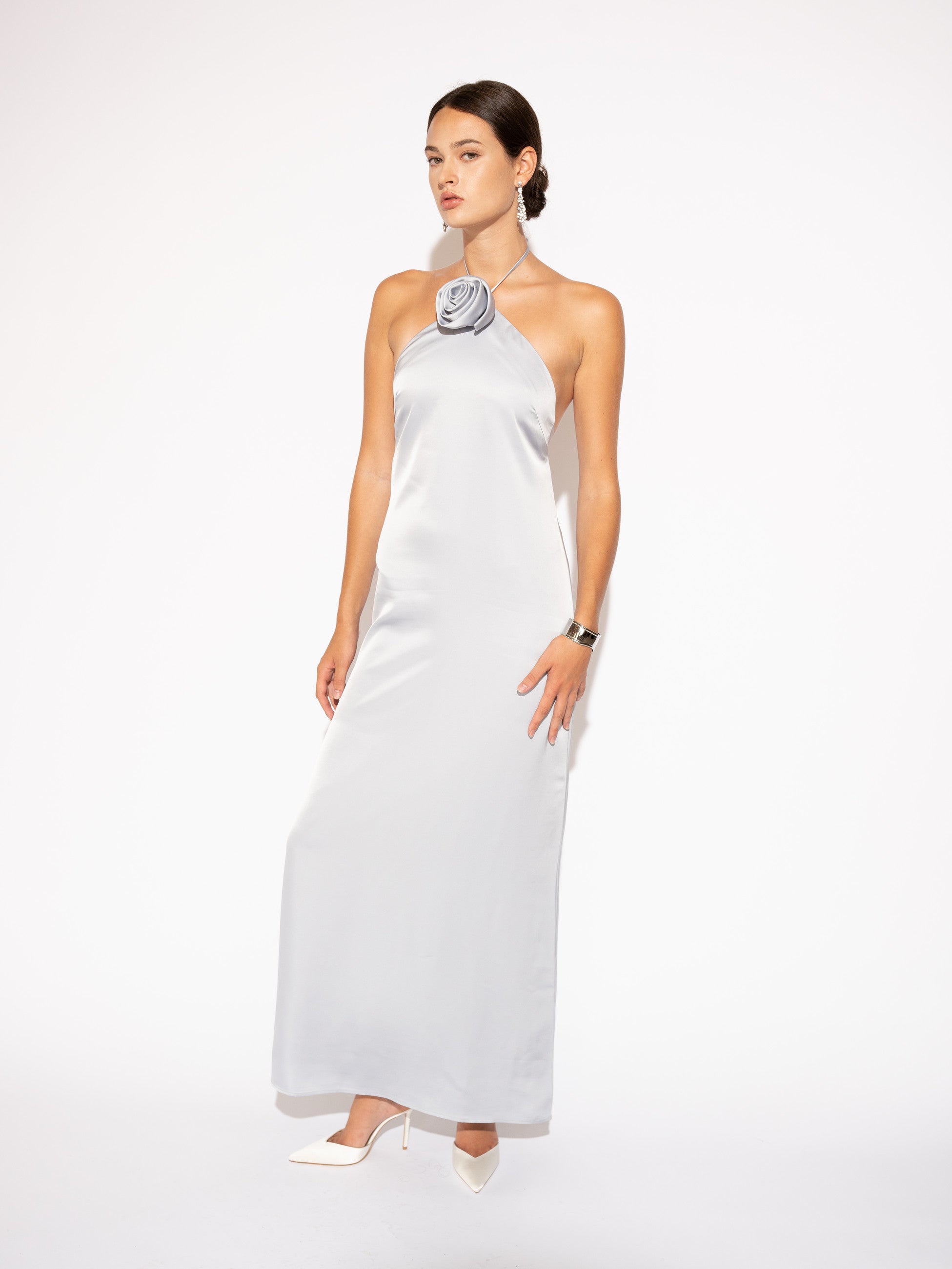 Alternate front view of Floral Halter Neck Satin Maxi Dress – Silver by Aisl. 