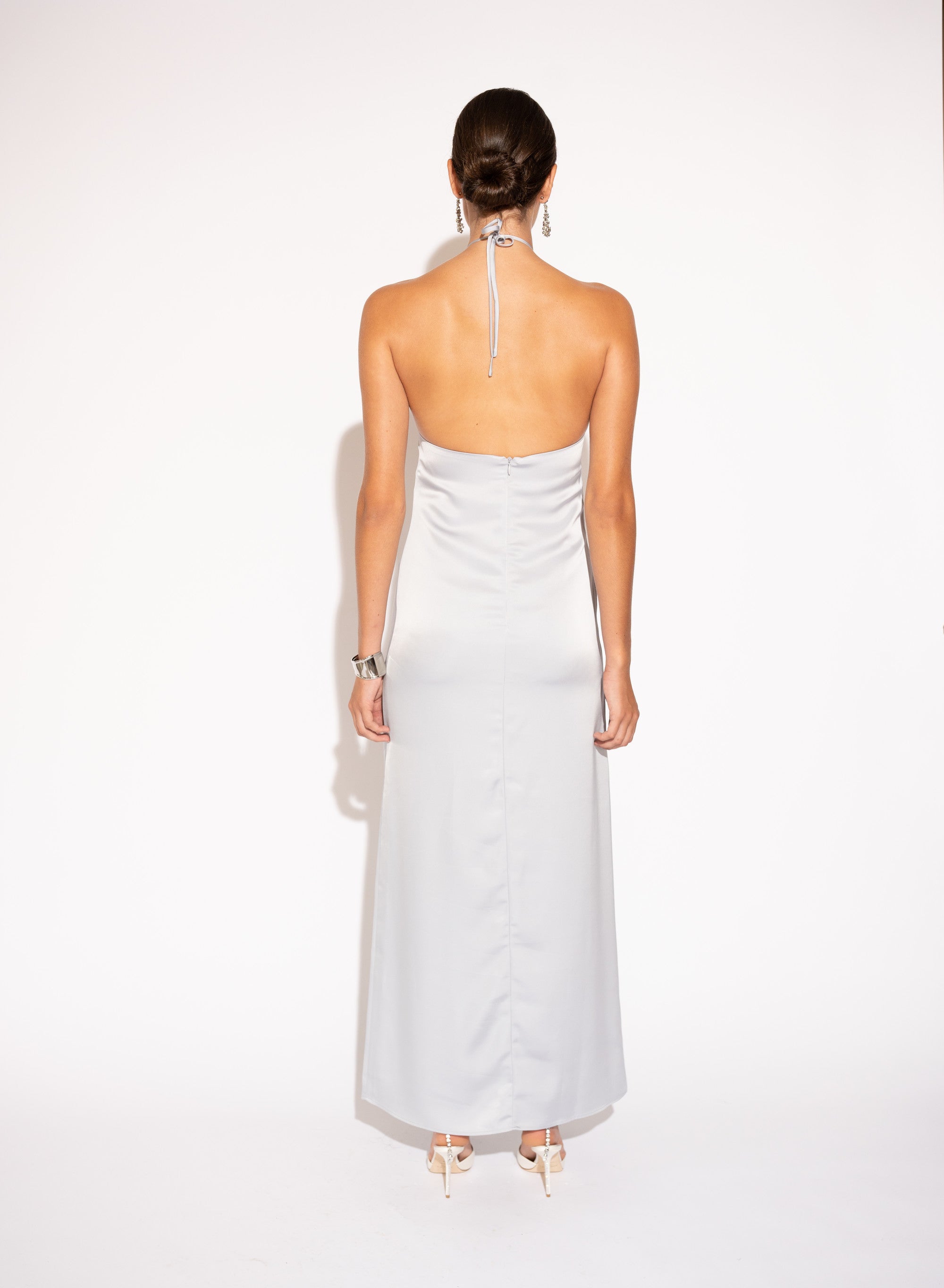 Back view of Floral Halter Neck Satin Maxi Dress – Silver. 