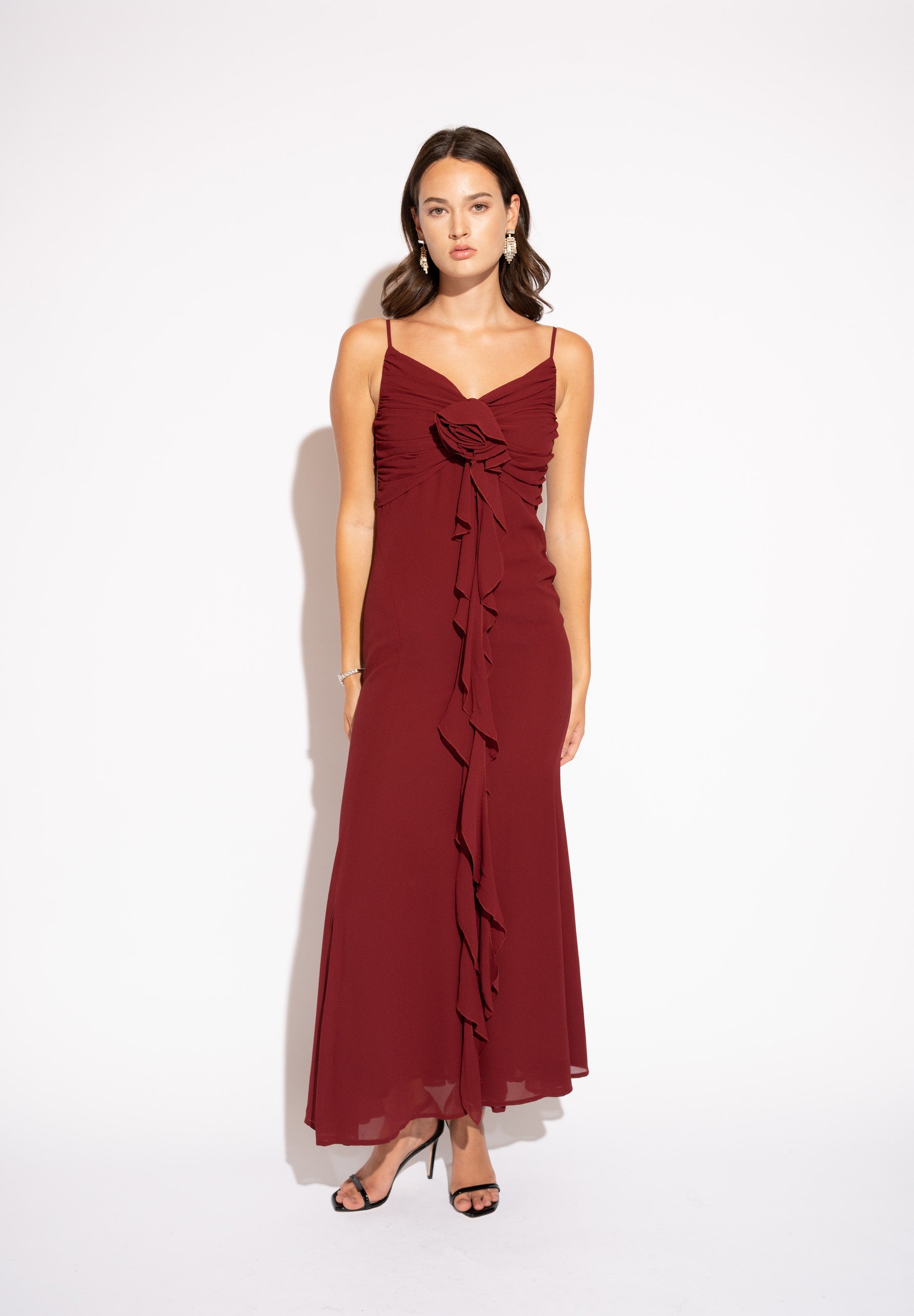 Ruffled Maxi Dress with Draped Bodice – Garnet, Front View