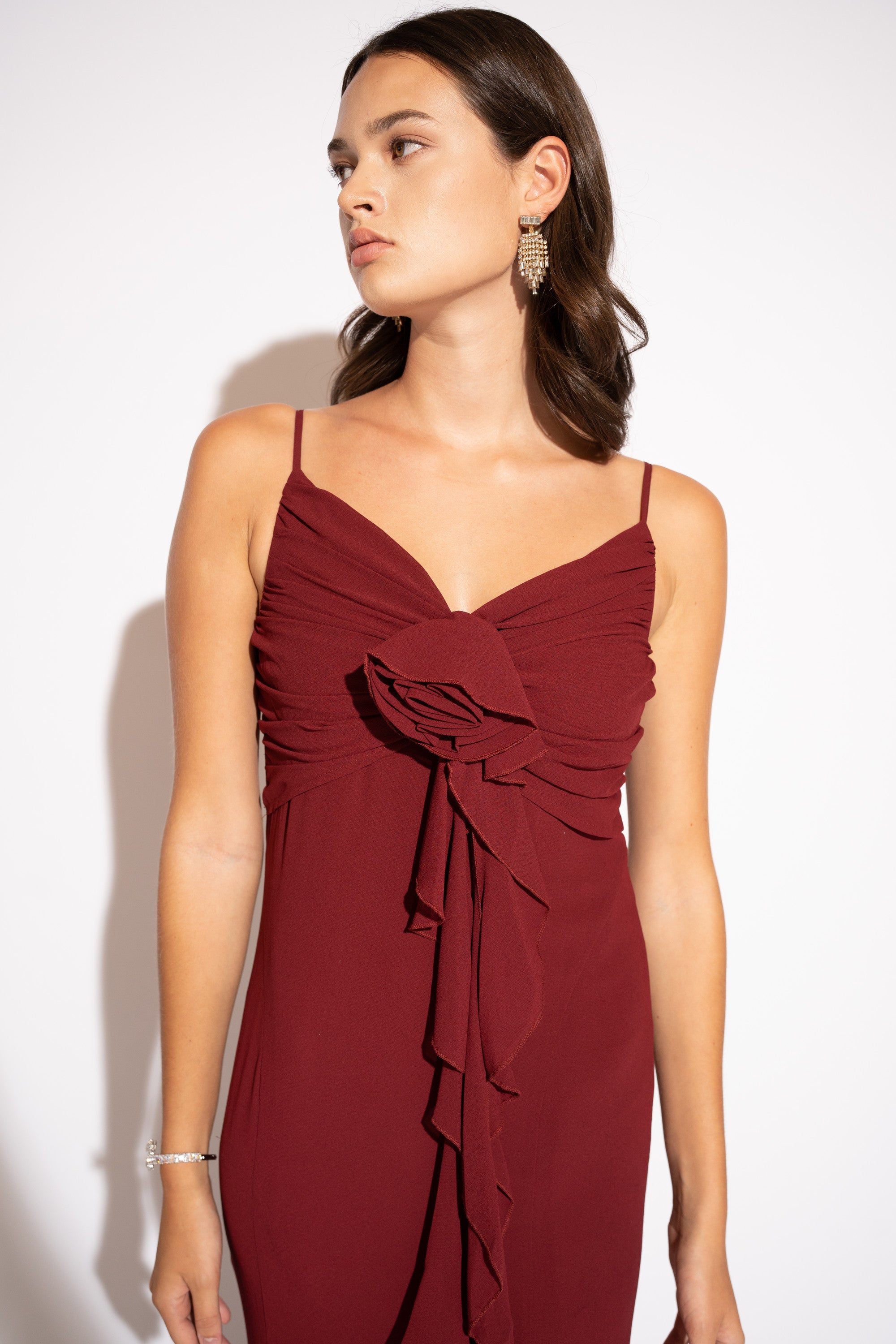 Ruffled Maxi Dress with Draped Bodice – Garnet, Front View - Alt 4