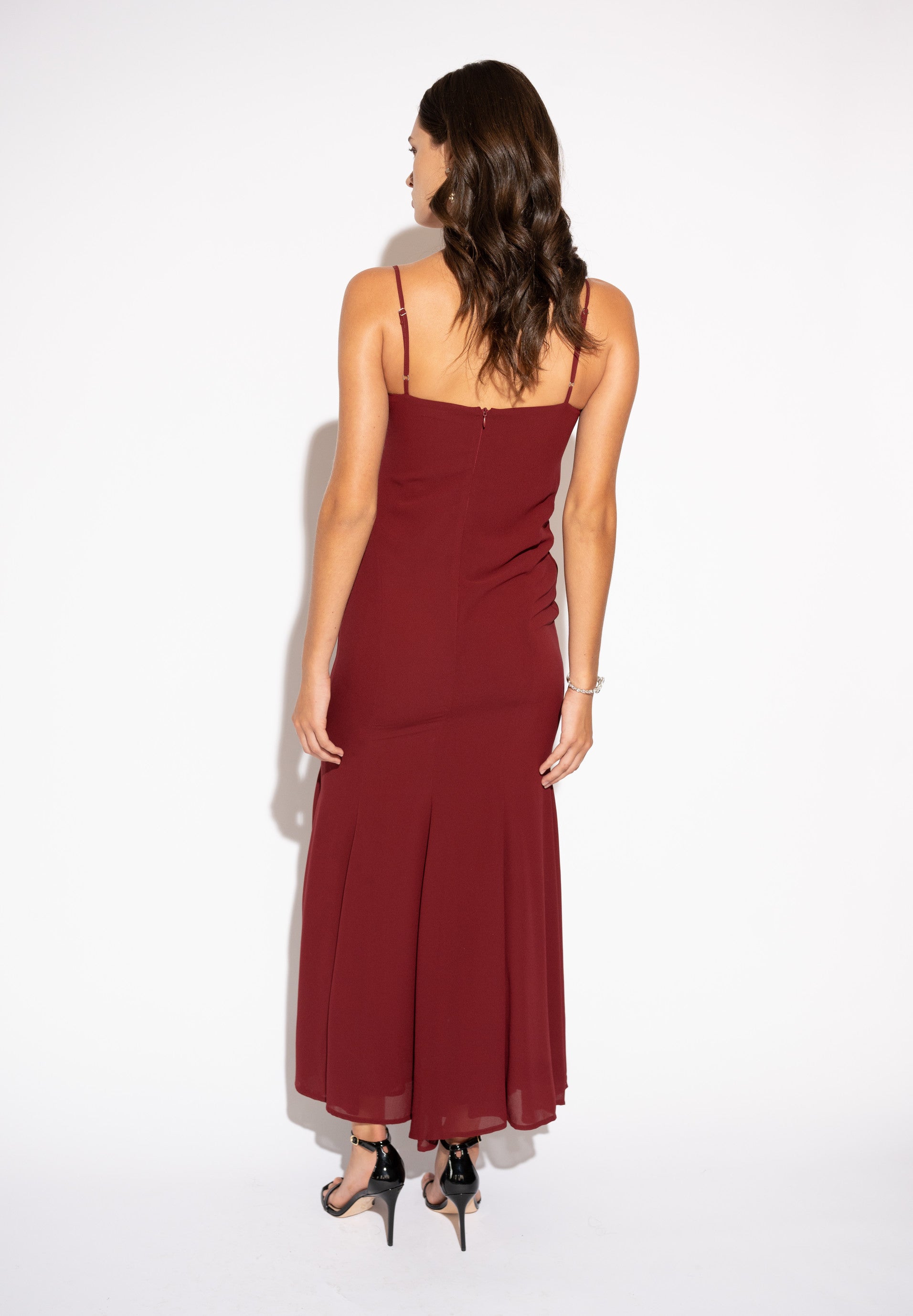 Ruffled Maxi Dress with Draped Bodice – Garnet, Back View