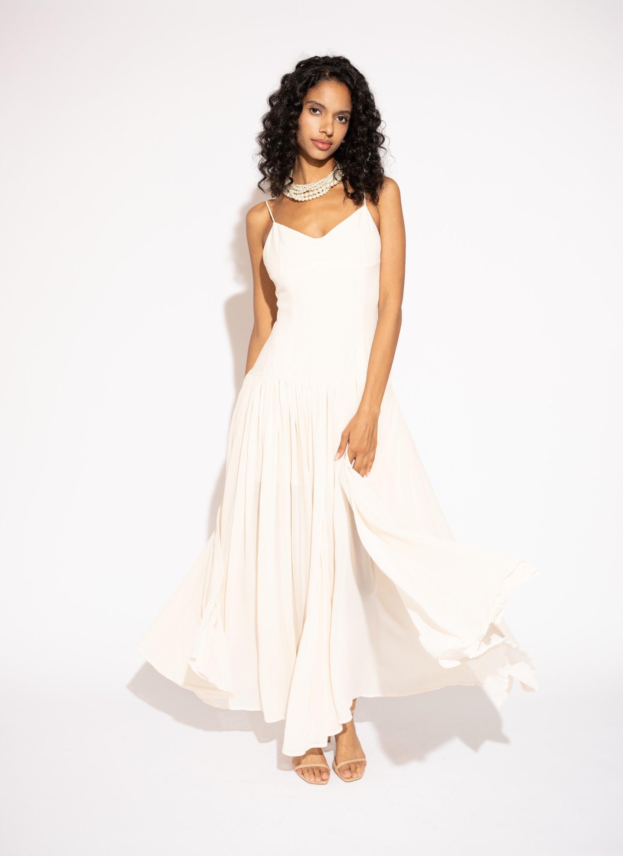 Pearl Chiffon Maxi Dress with Gathered Skirt – White, Front View