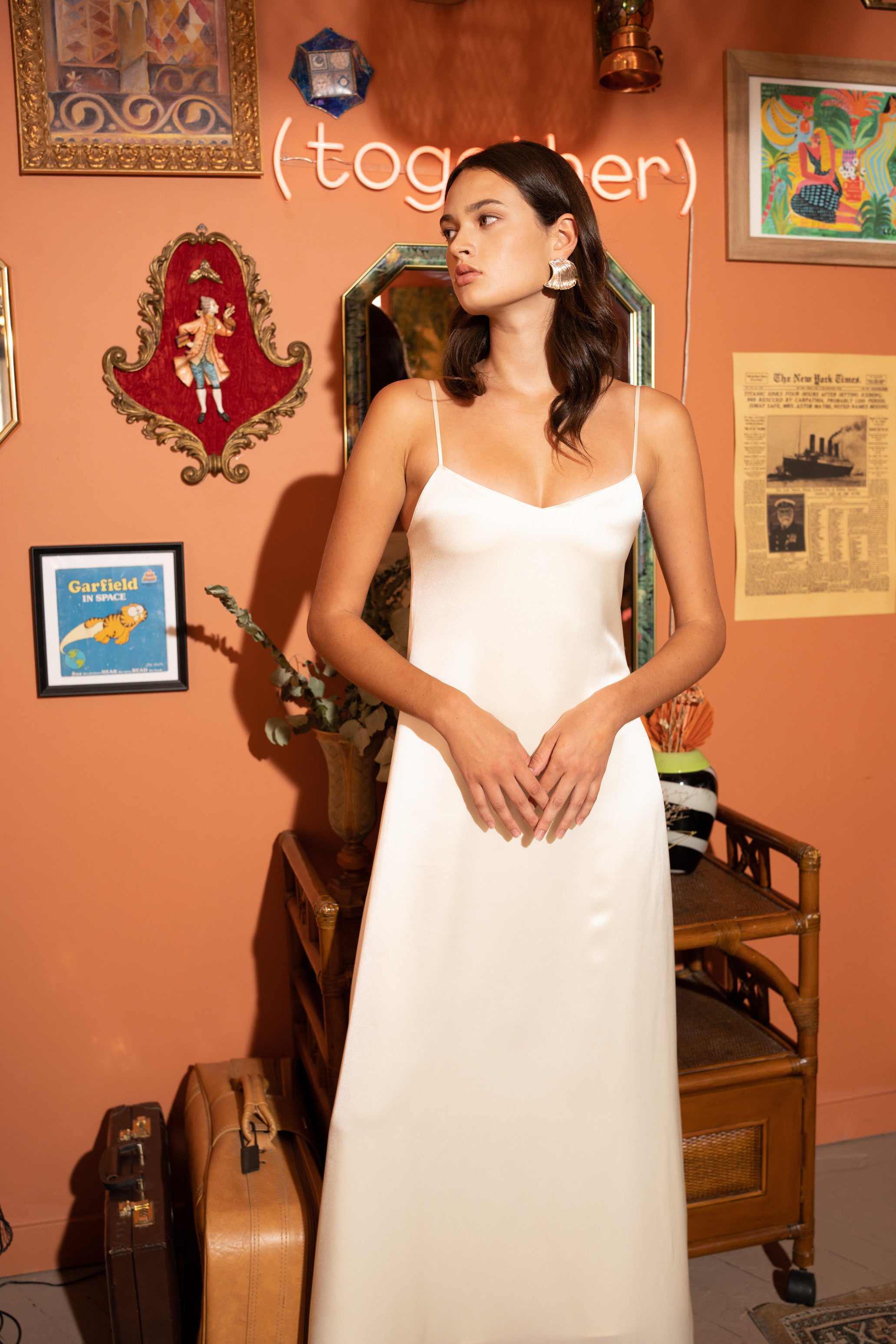 Spaghetti Strap Satin Maxi Dress – Ivory, Front View 2