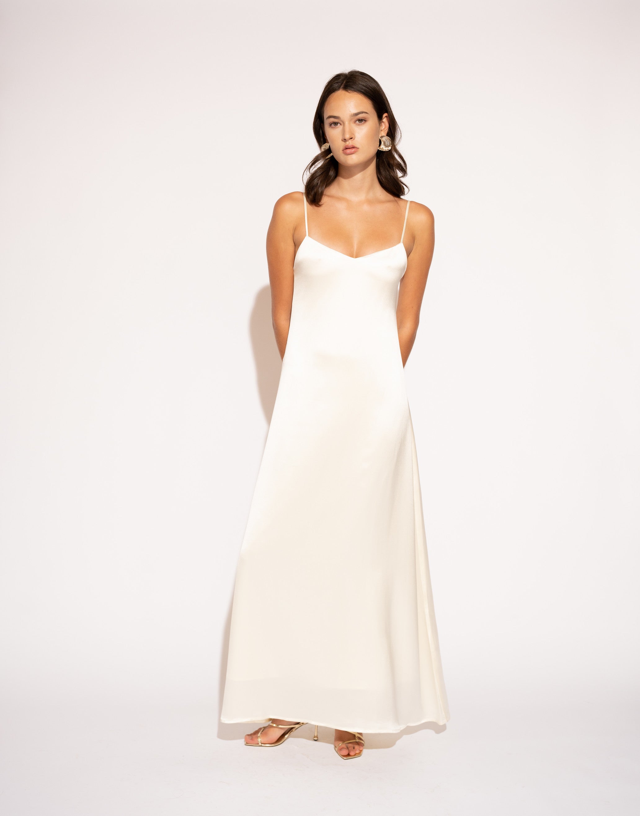 Spaghetti Strap Satin Maxi Dress – Ivory, Front View