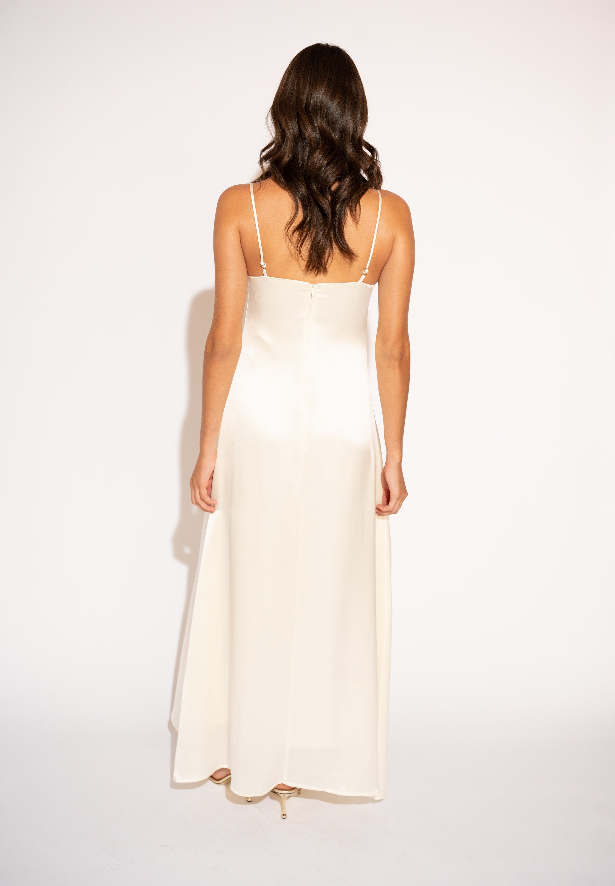 Pearl Satin Drape Maxi Dress with V-Neck – Silver – aisl dresses