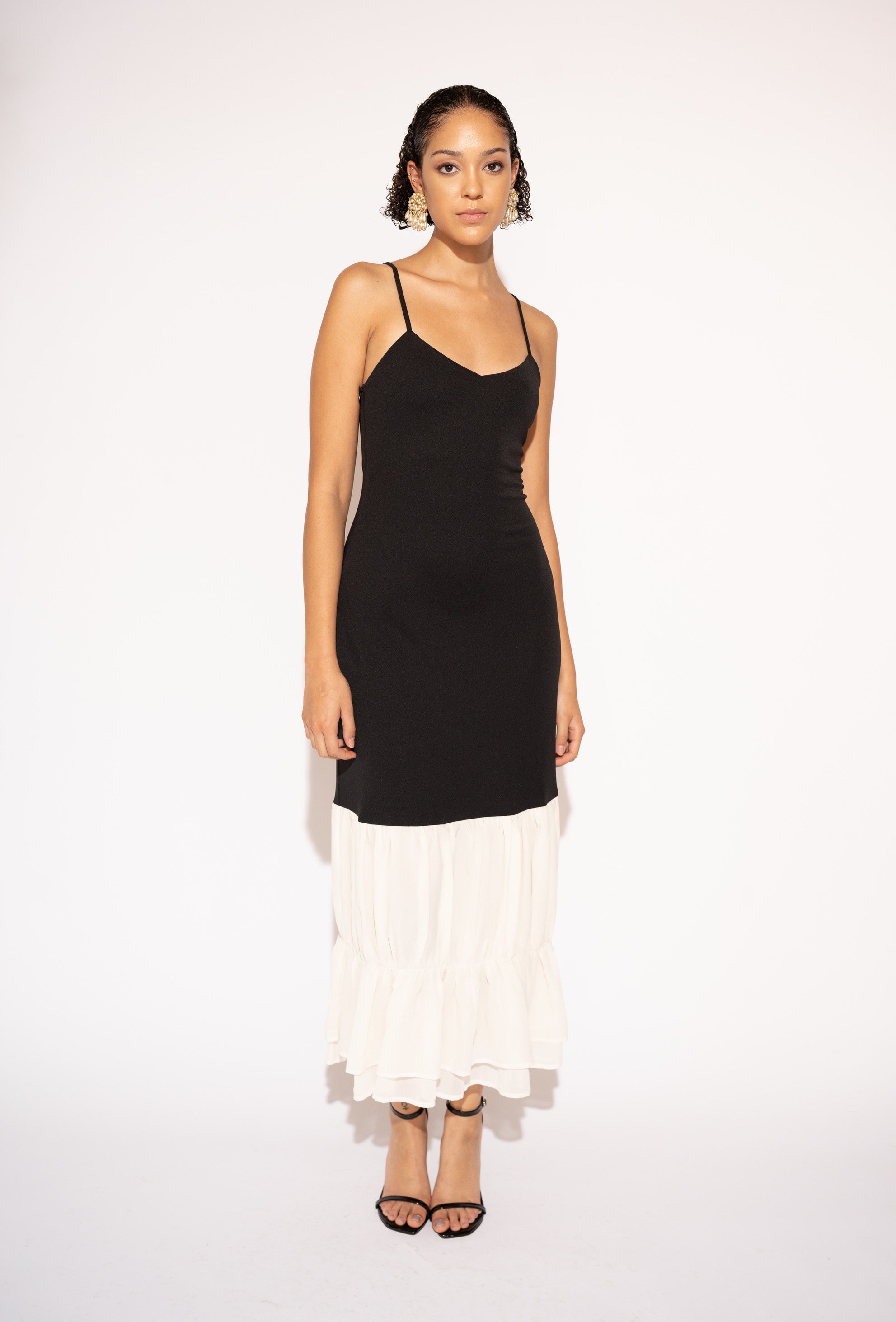Patchwork Black and White Maxi Dress with Ruffled Hem, Front View