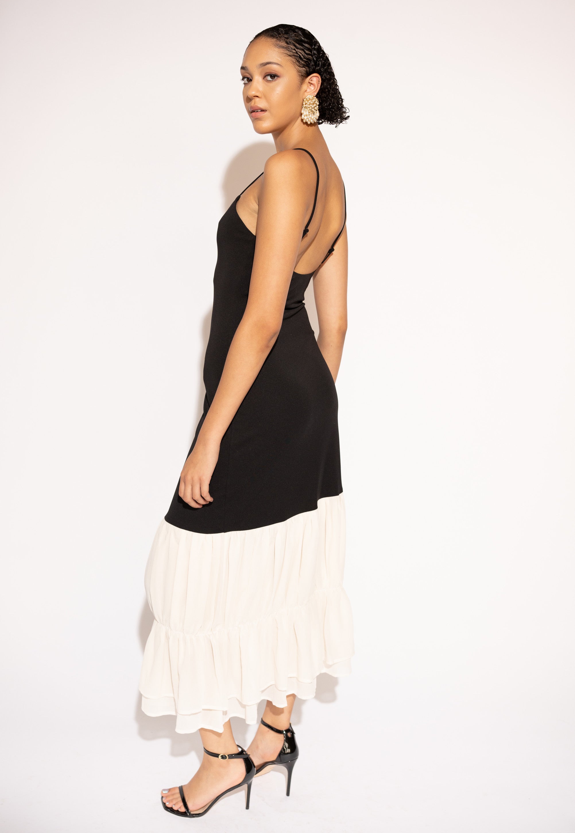 Patchwork Black and White Maxi Dress with Ruffled Hem, Side View
