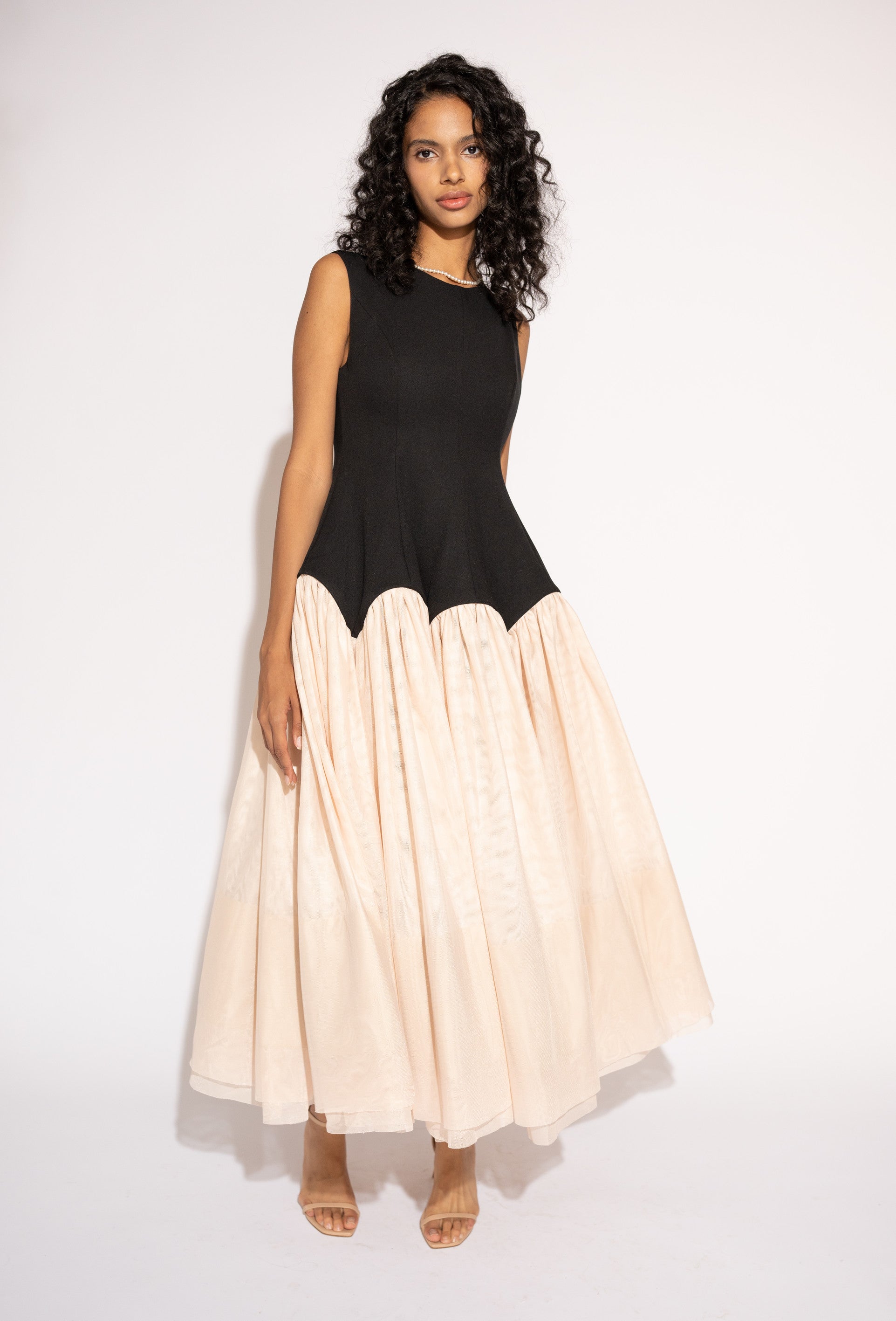 Two-Tone Long Maxi Dress with Double Layer Skirt – Black and Blush, Front View 