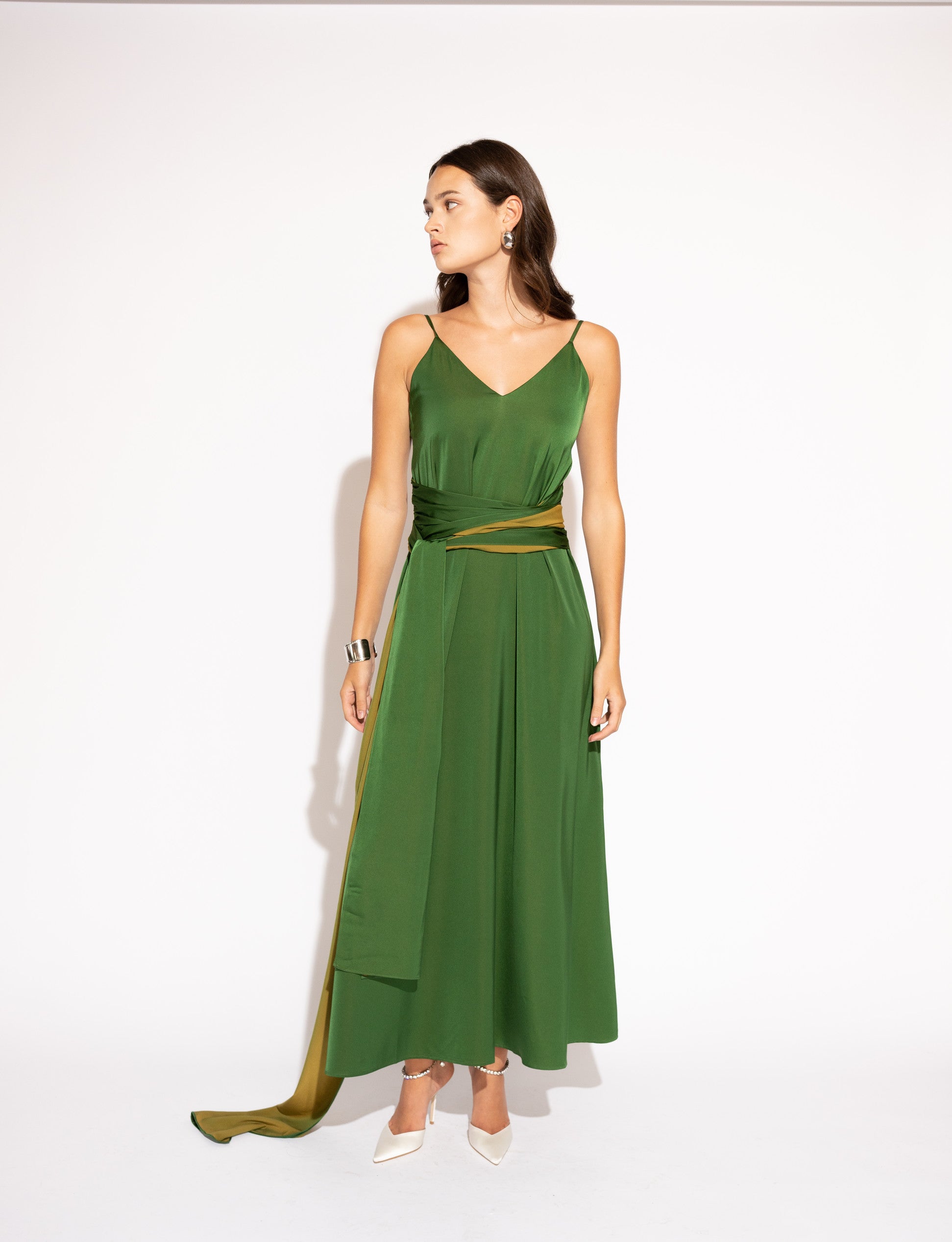 Two-Tone Matte Satin Wrap Maxi Dress – Green and Olive, Front View 3