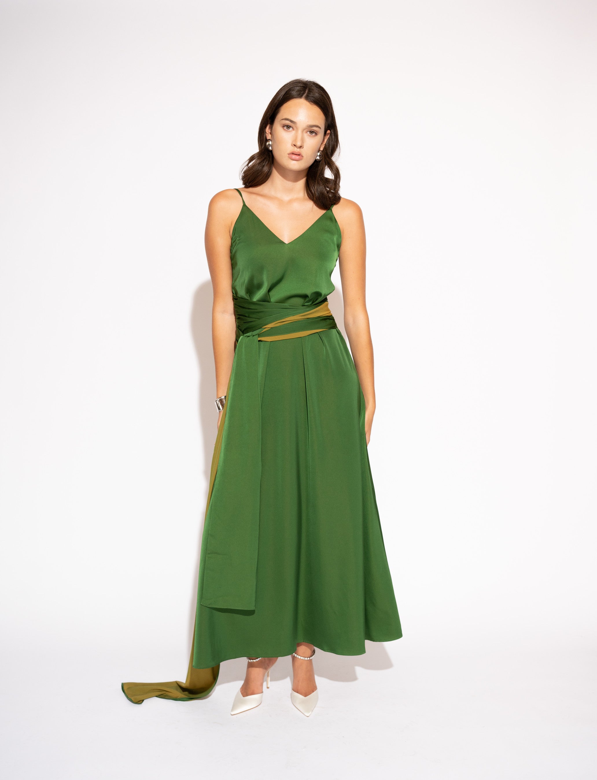 Two-Tone Matte Satin Wrap Maxi Dress – Green and Olive, Front View