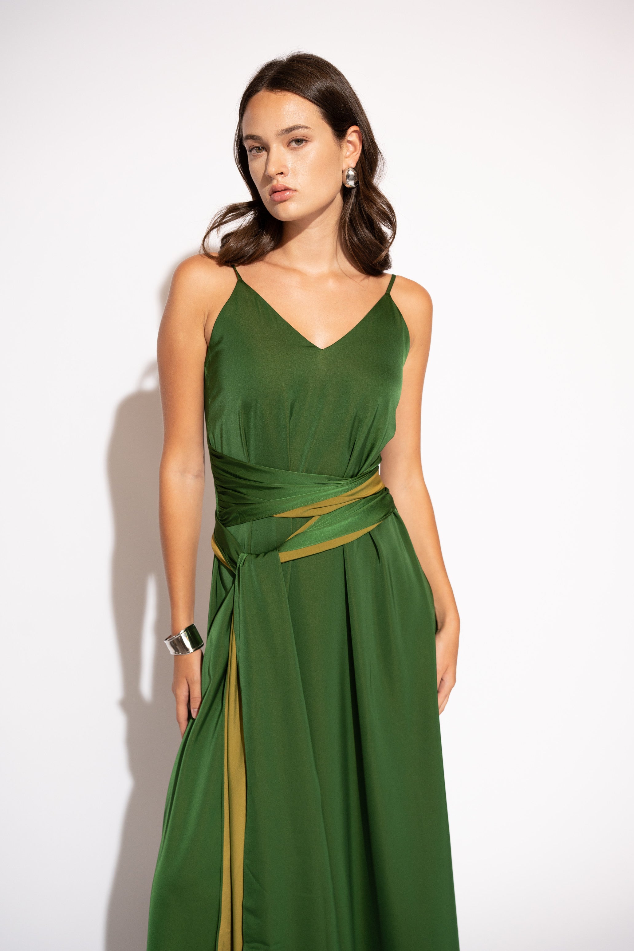 Two-Tone Matte Satin Wrap Maxi Dress – Green and Olive, Front View 2
