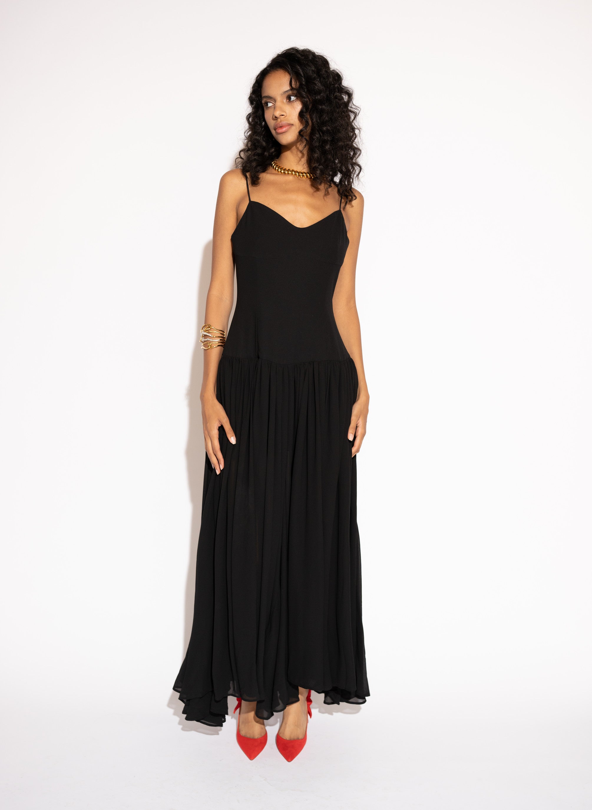 Pearl Chiffon Maxi Dress with Gathered Skirt – Black, Front View - Alt 3