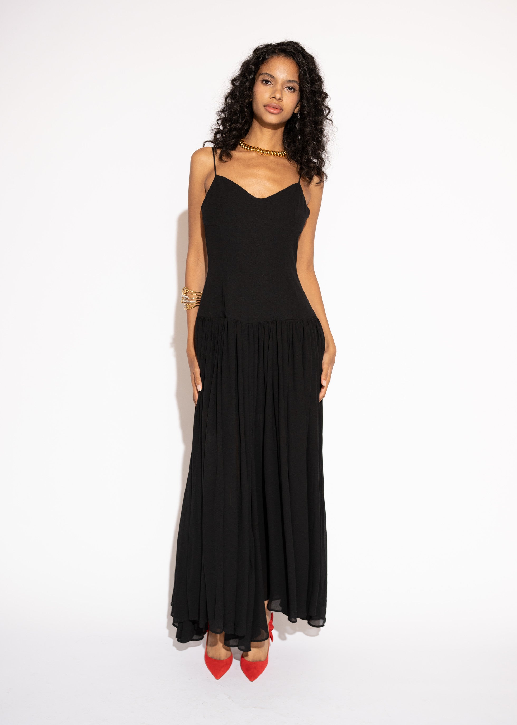 Pearl Chiffon Maxi Dress with Gathered Skirt – Black, Front View