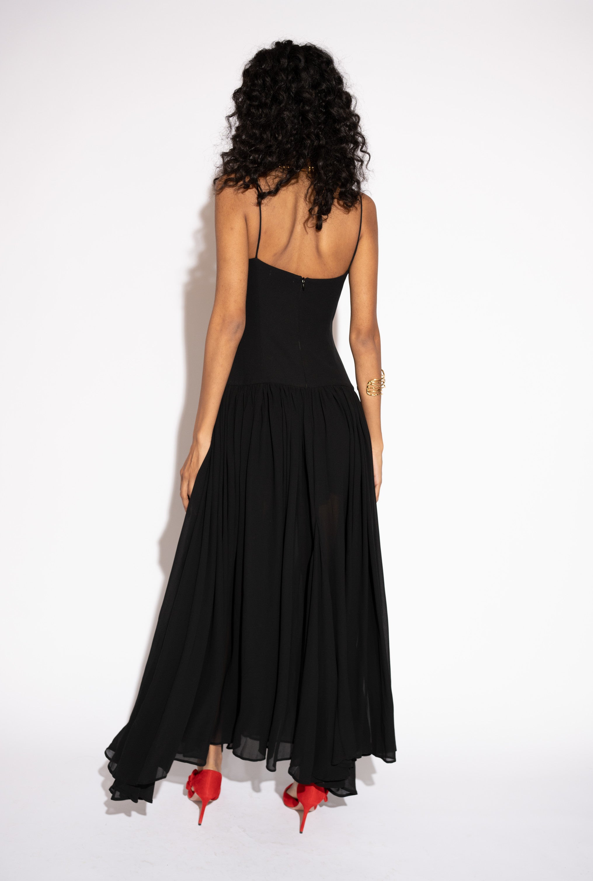 Pearl Chiffon Maxi Dress with Gathered Skirt – Black, Back View