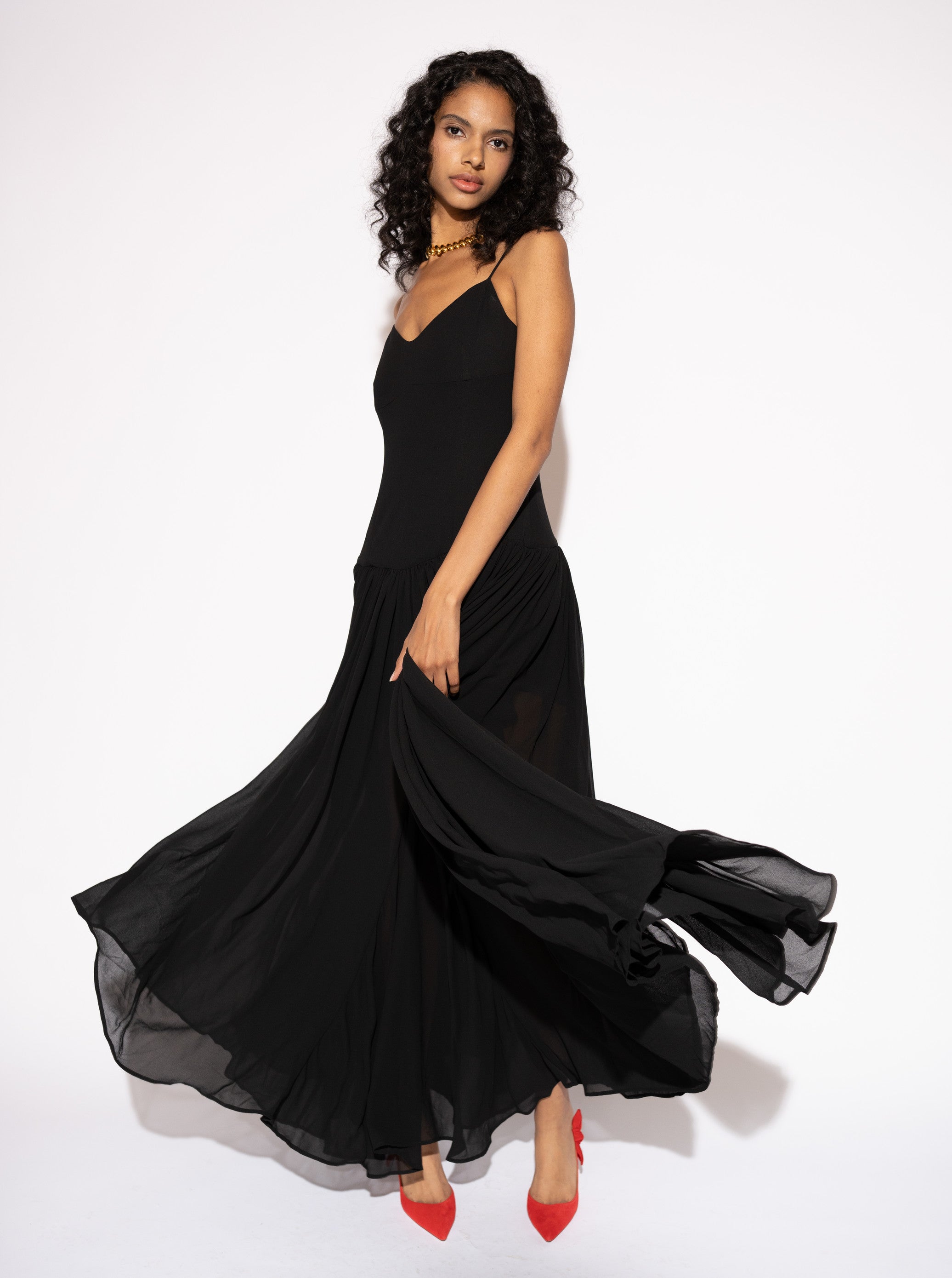 Pearl Chiffon Maxi Dress with Gathered Skirt – Black, Front View - Alt - White Background