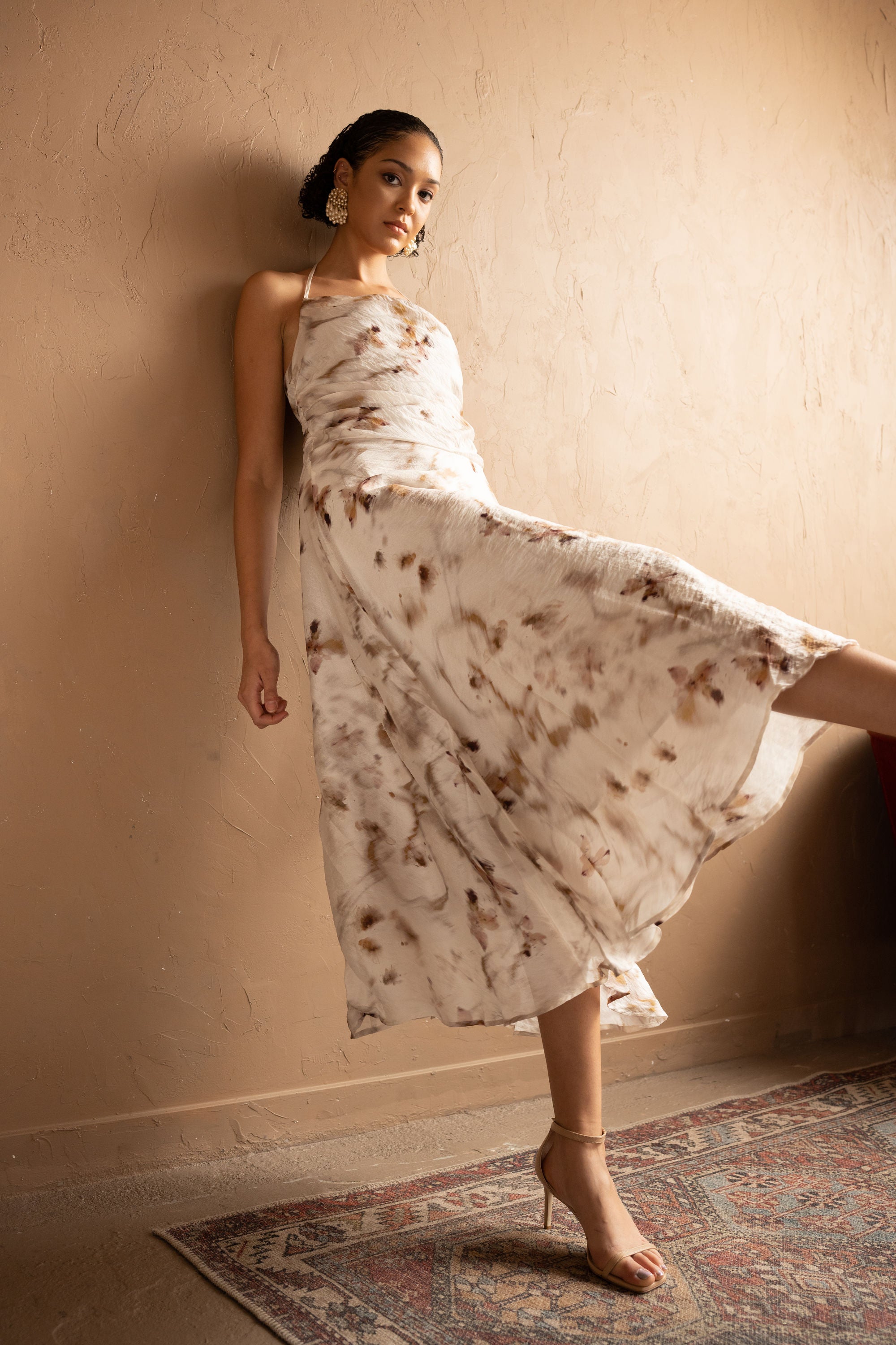 Second alternative view of Floral Halter Midi Dress in Tencel – Ivory. 