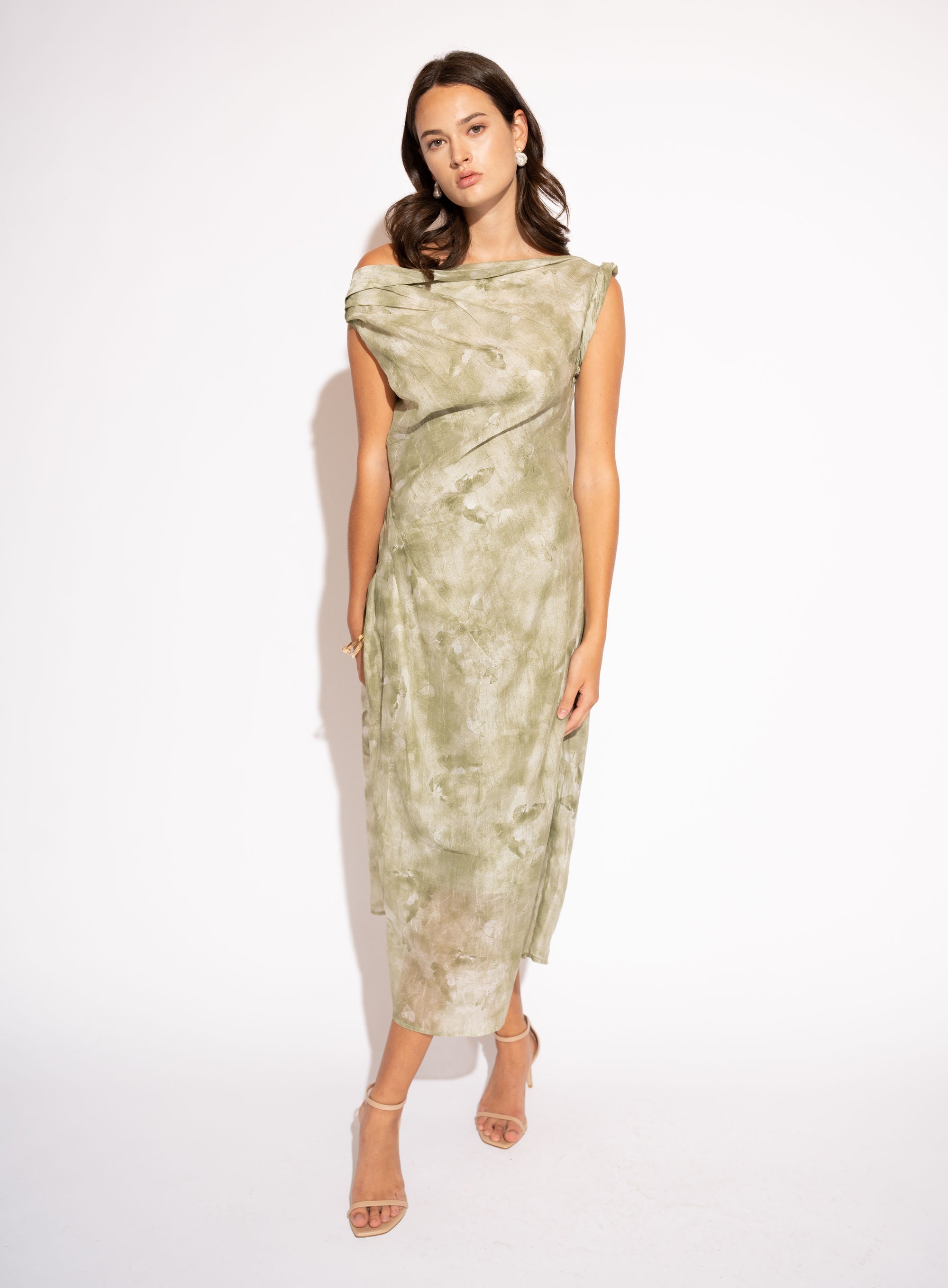 Front view with white background of Draped Printed Midi Dress – Sage Green by Aisl. 