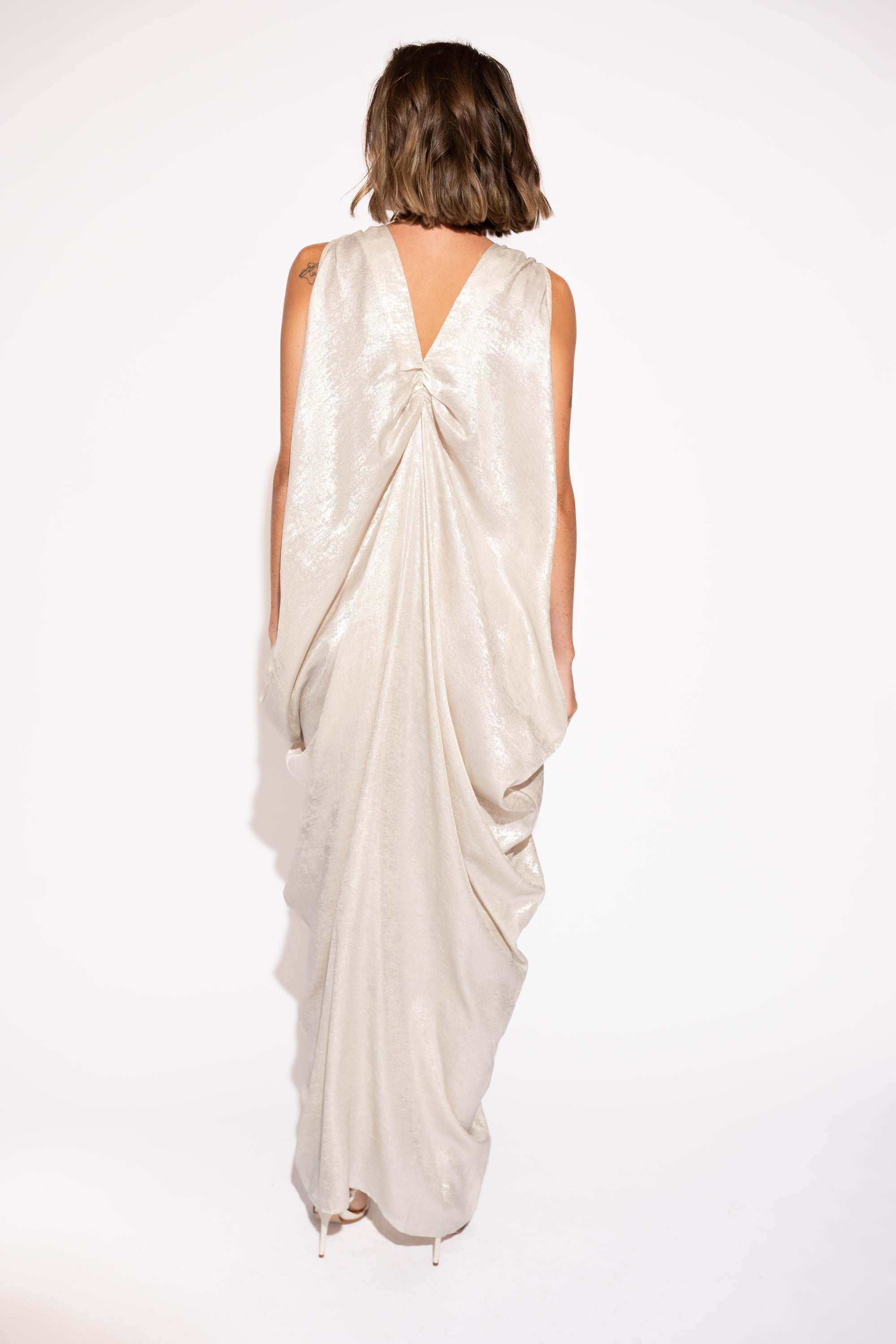 Pearl Satin Drape Maxi Dress with V-Neck – Silver, Back View