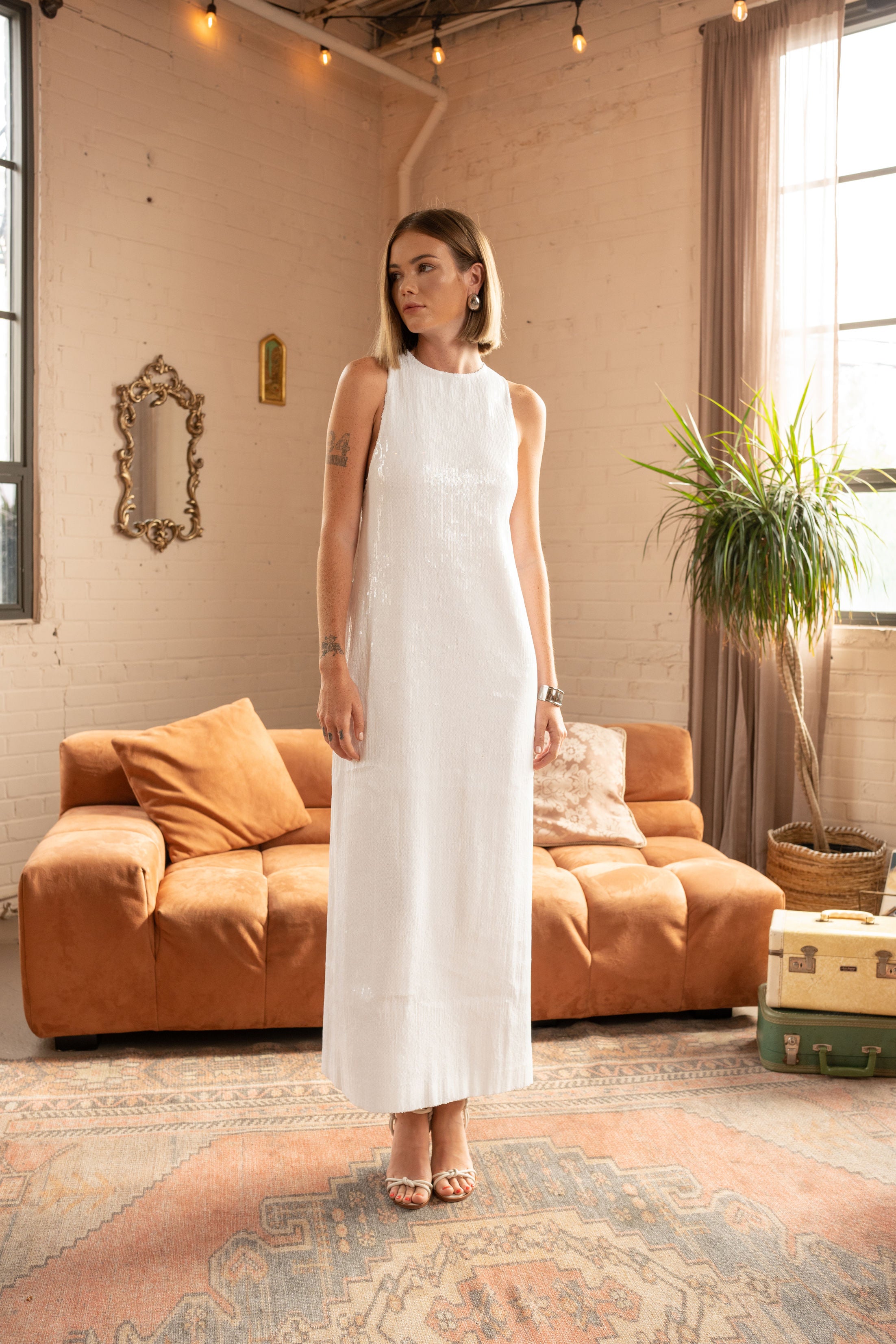 High-Neck Sequin Maxi Dress – Ivory - Front View
