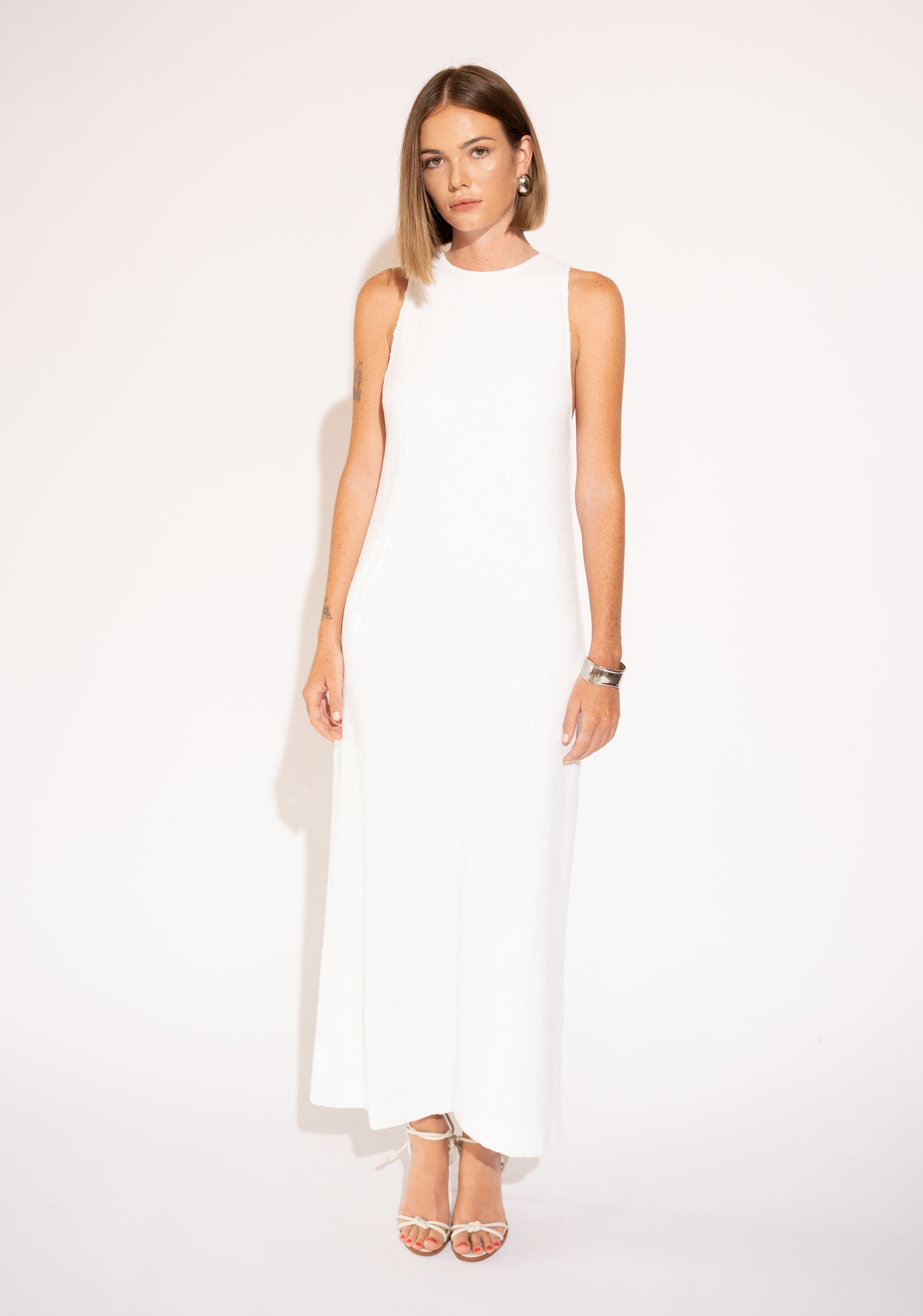 High-Neck Sequin Maxi Dress – Ivory - Front View, White Background