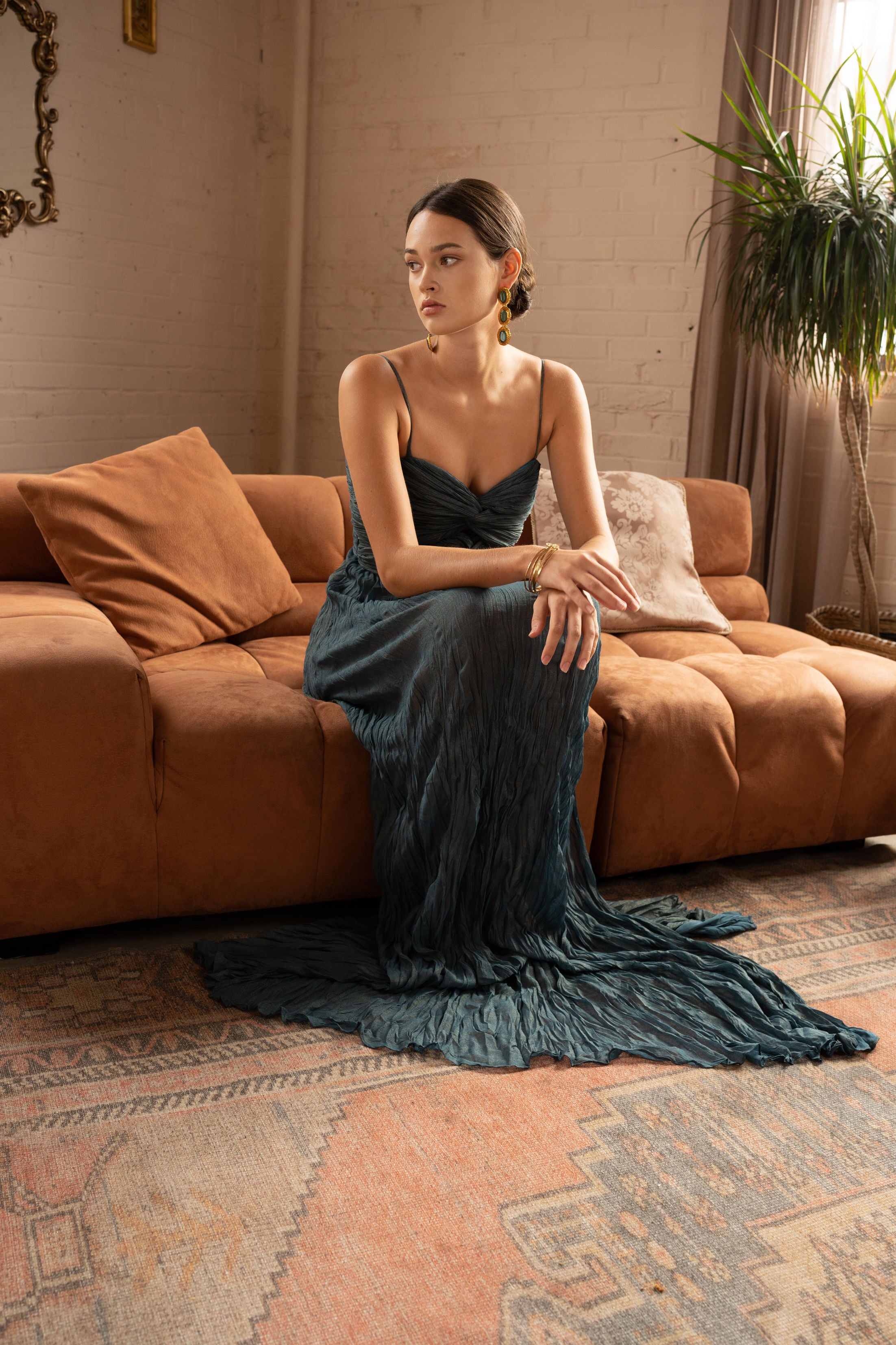 Silk Crepe Chiffon Maxi Dress with Ruched Bodice – Teal