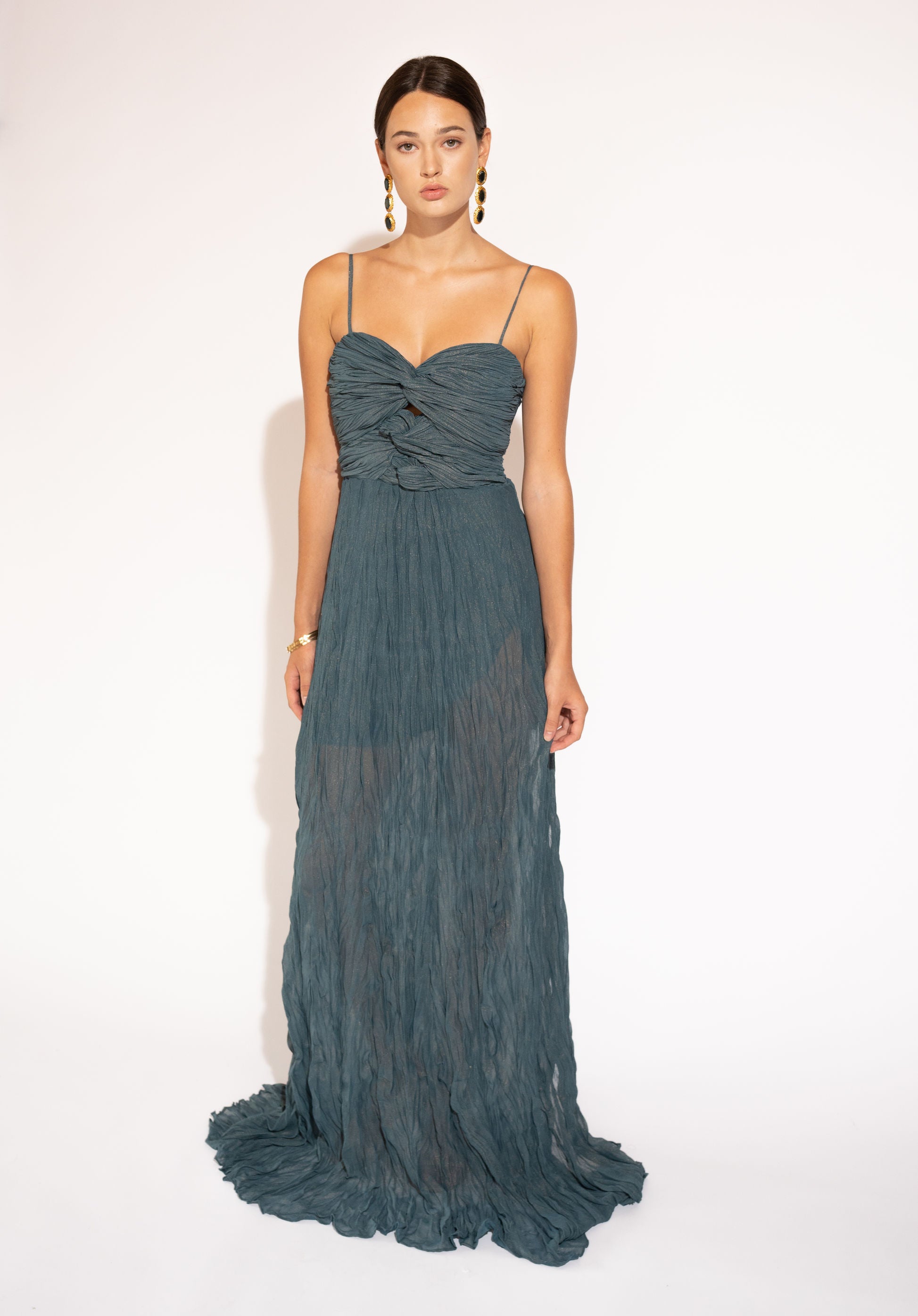 Silk Crepe Chiffon Maxi Dress with Ruched Bodice – Teal, Front View