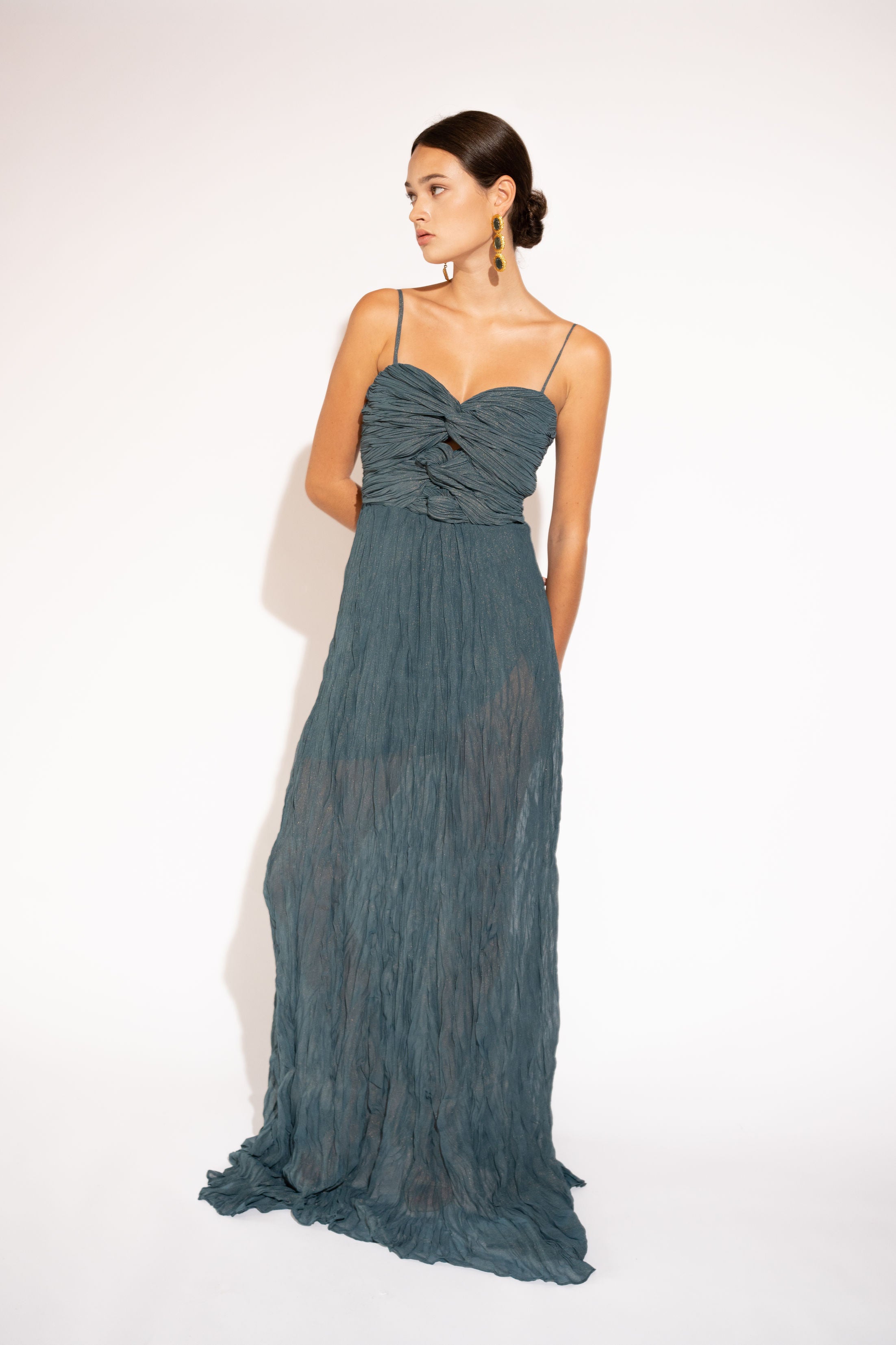 Silk Crepe Chiffon Maxi Dress with Ruched Bodice – Teal, Front View - Alt 2