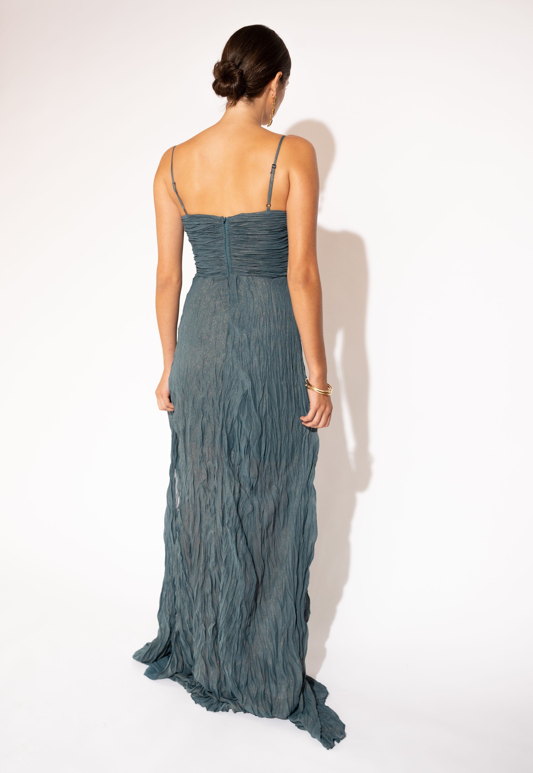 Silk Crepe Chiffon Maxi Dress with Ruched Bodice – Teal, Back View