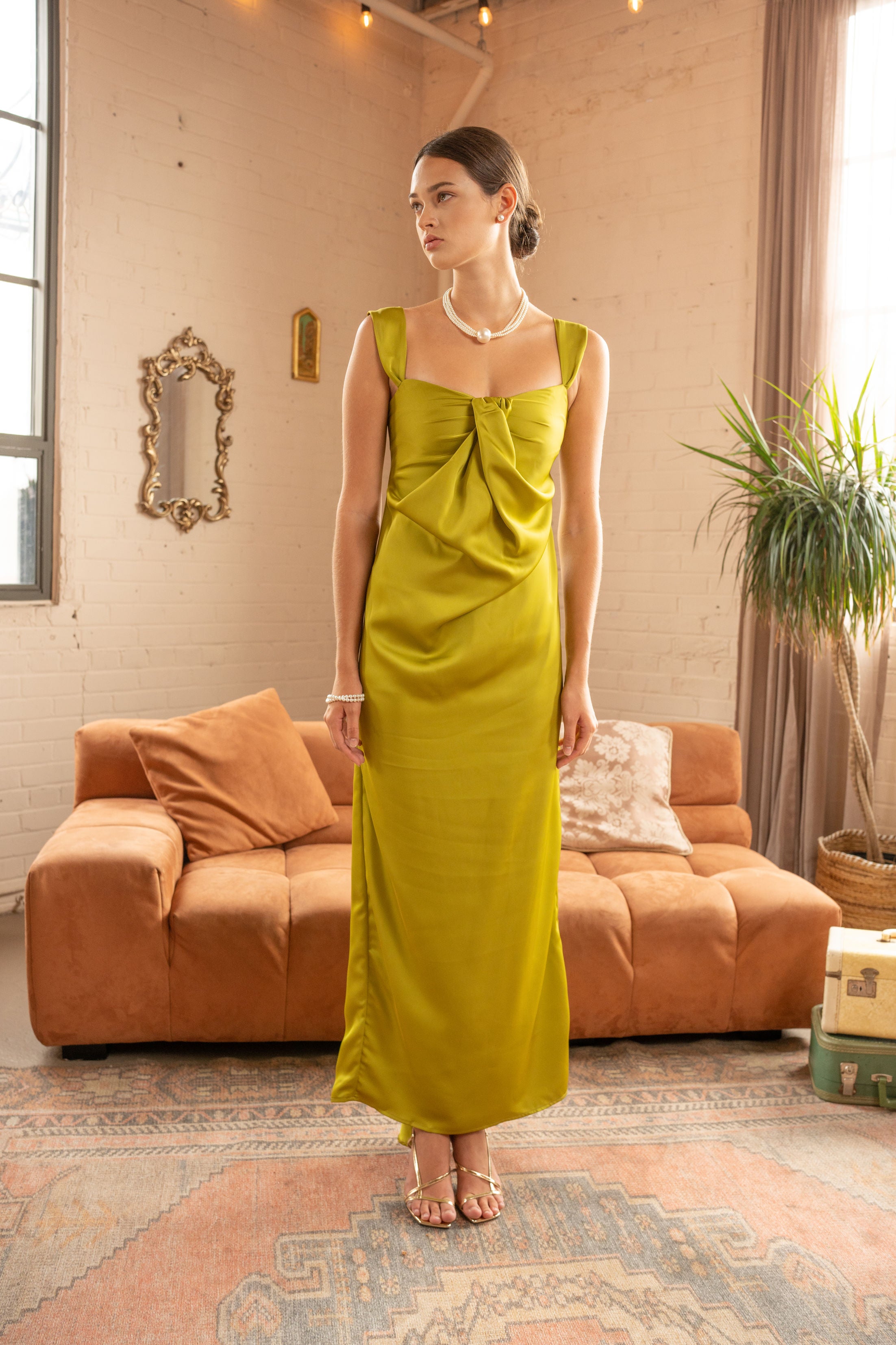 Silk Touch Satin Maxi Dress with Twisted Bodice – Chartreuse