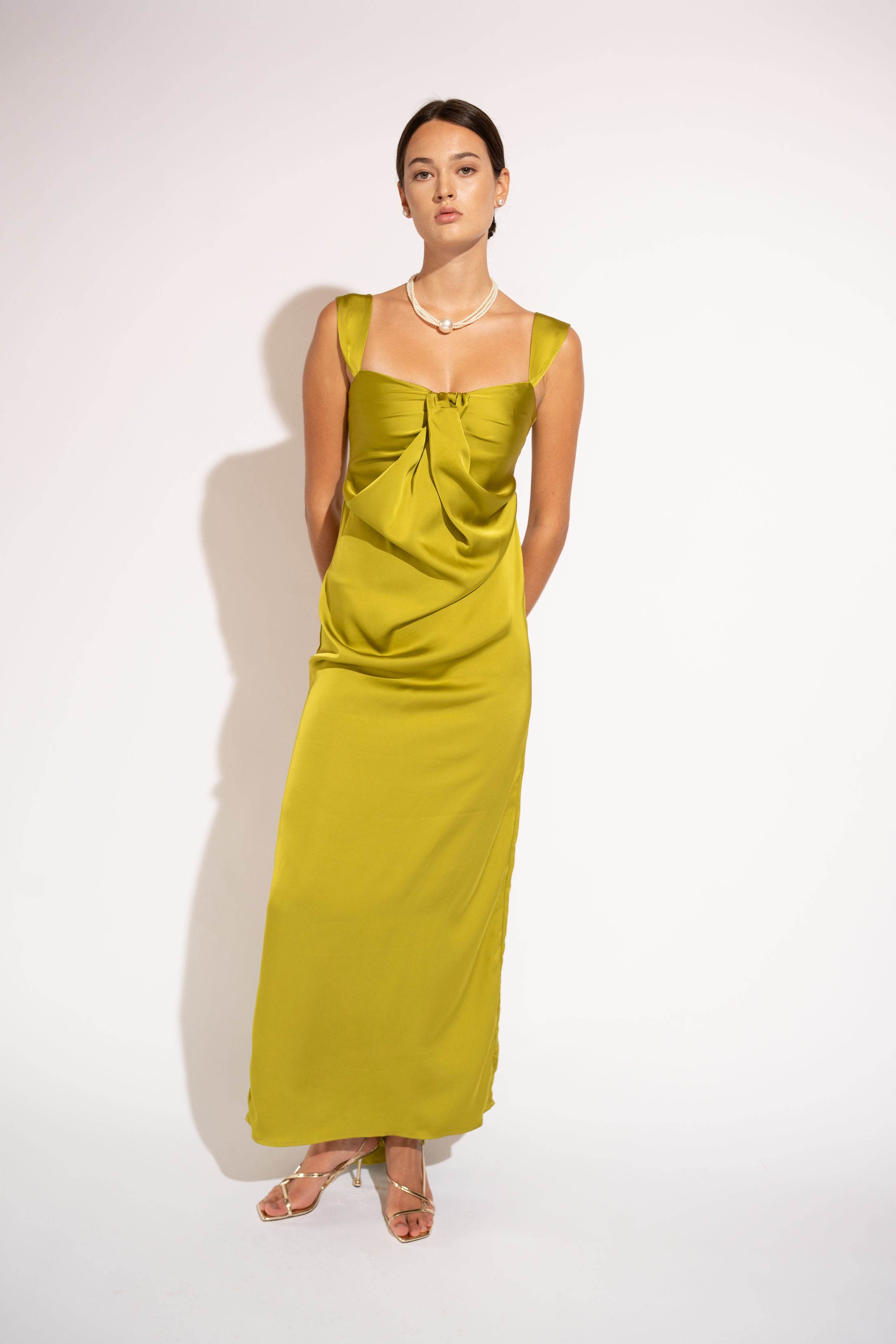 Silk Touch Satin Maxi Dress with Twisted Bodice – Chartreuse, Front View
