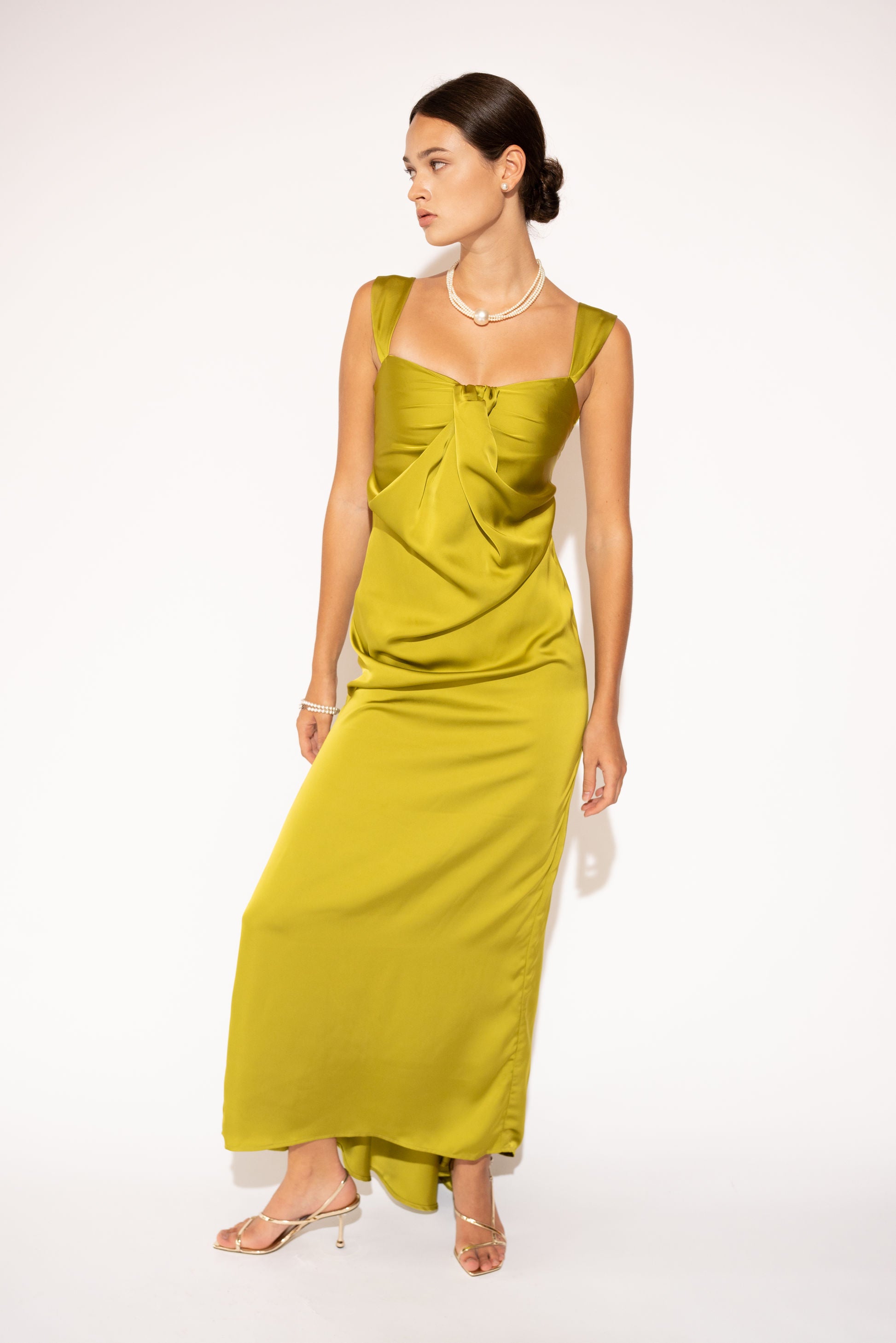 Silk Touch Satin Maxi Dress with Twisted Bodice – Chartreuse, Front View 3