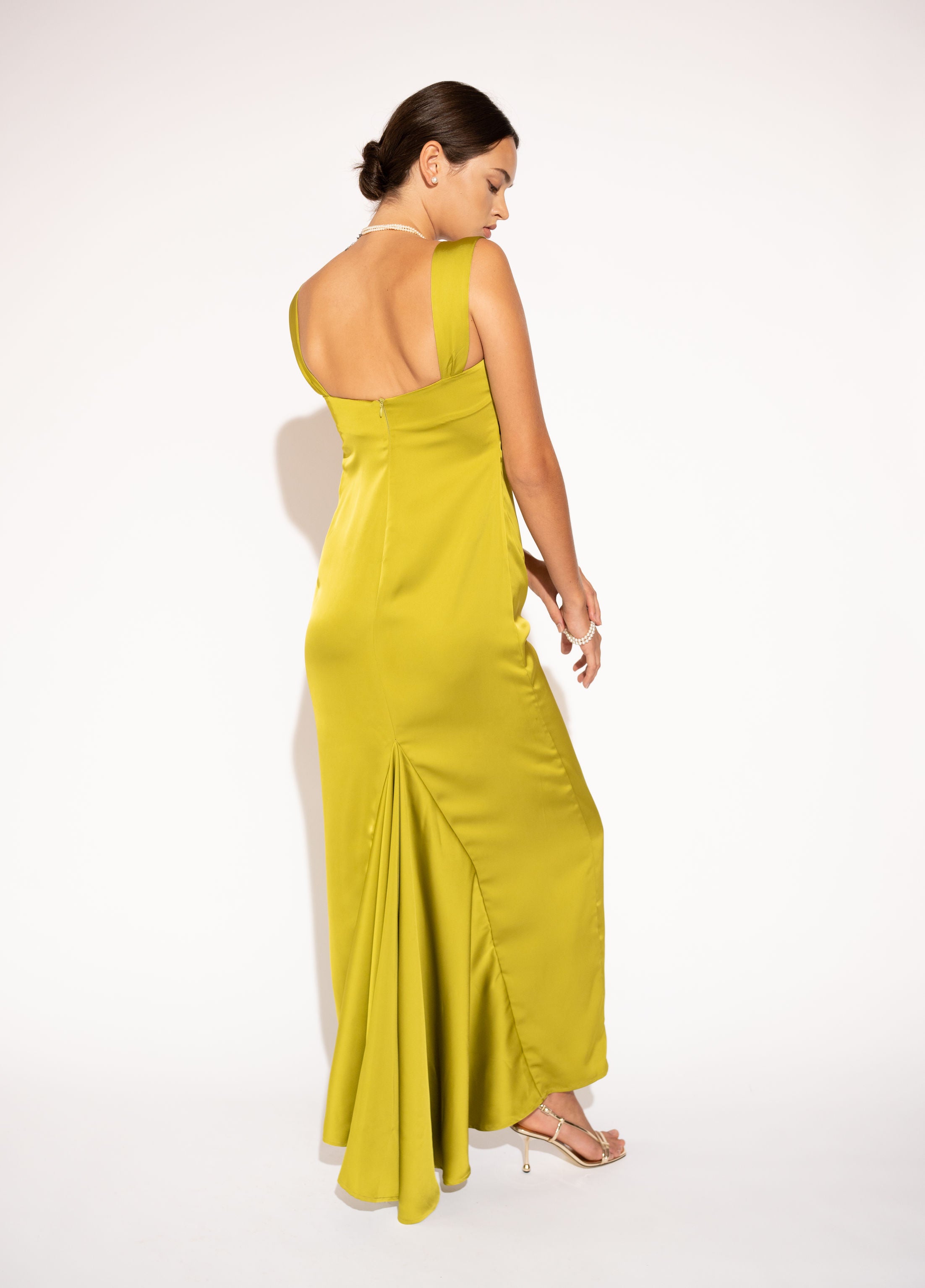 Silk Touch Satin Maxi Dress with Twisted Bodice – Chartreuse, Back View