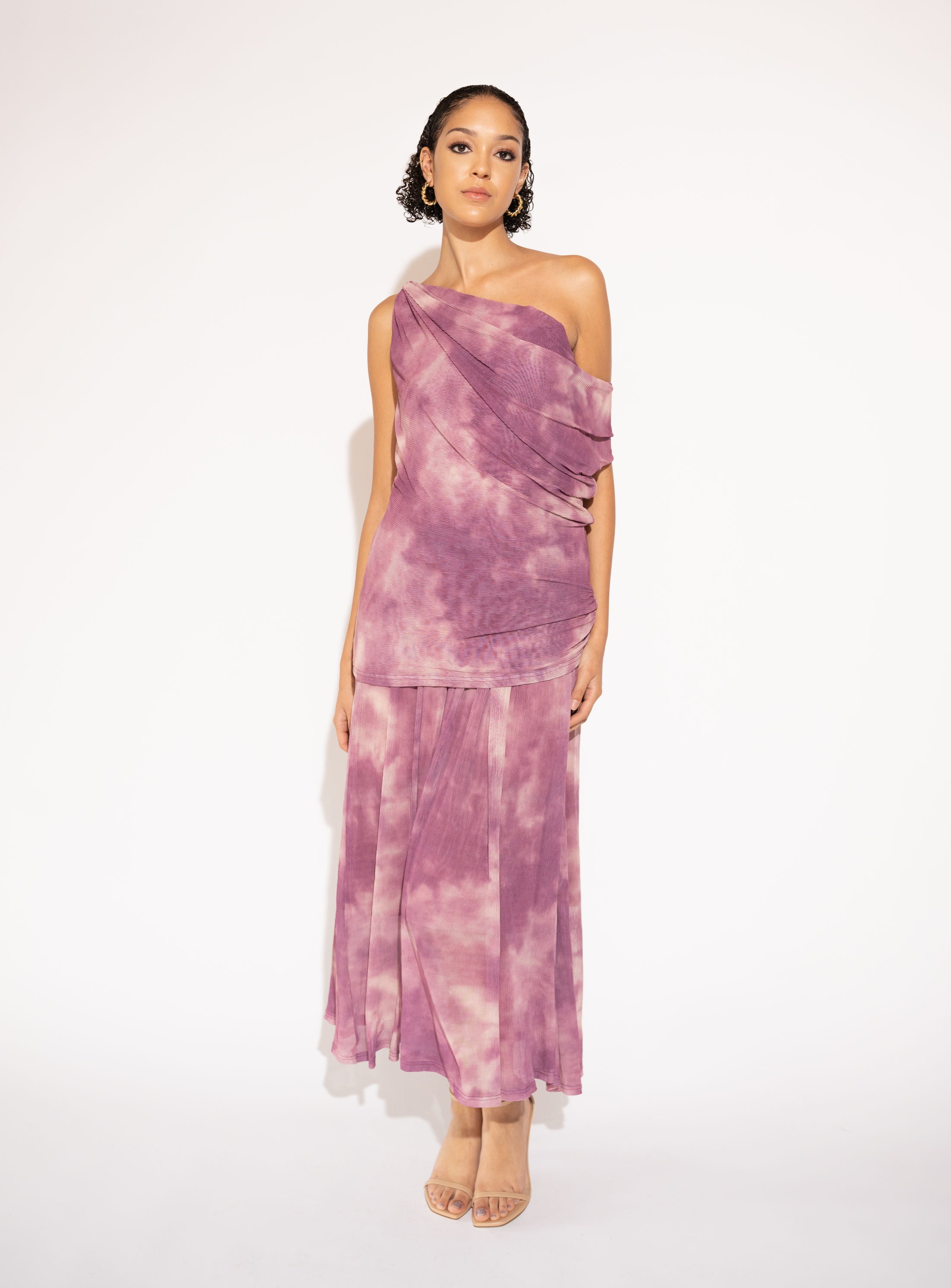 One-Shoulder Tie-Dye Pleated Maxi Dress – Lilac, Front View
