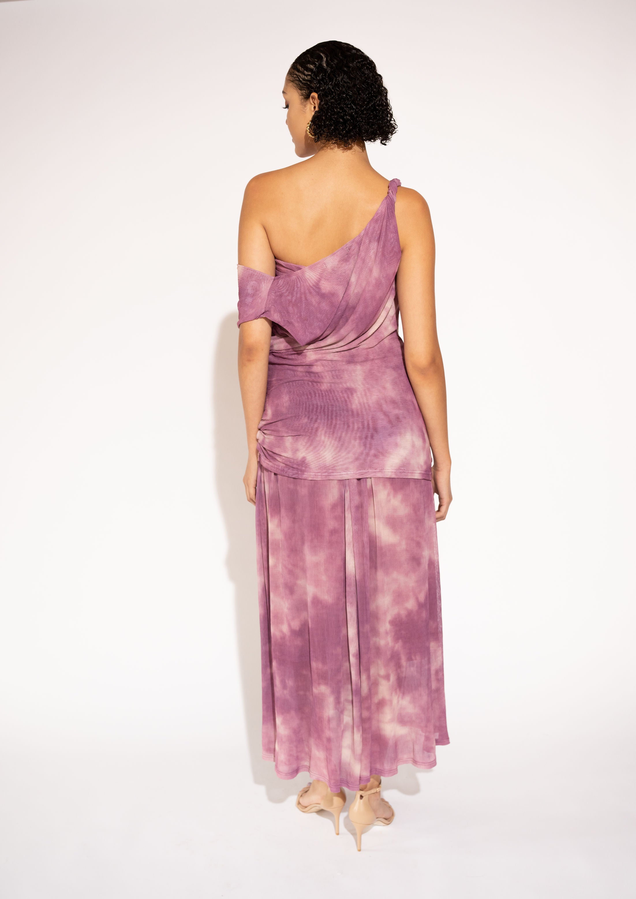 One-Shoulder Tie-Dye Pleated Maxi Dress – Lilac, Back View